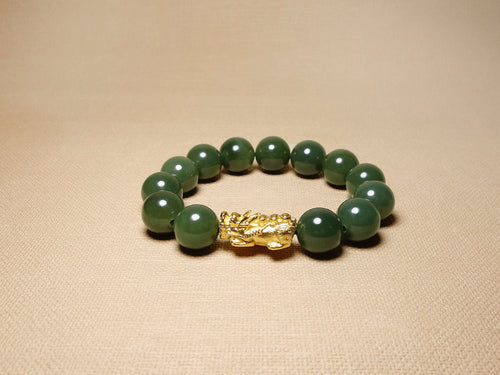 Green Jade Bead Bracelet with Gold Pixiu Charm