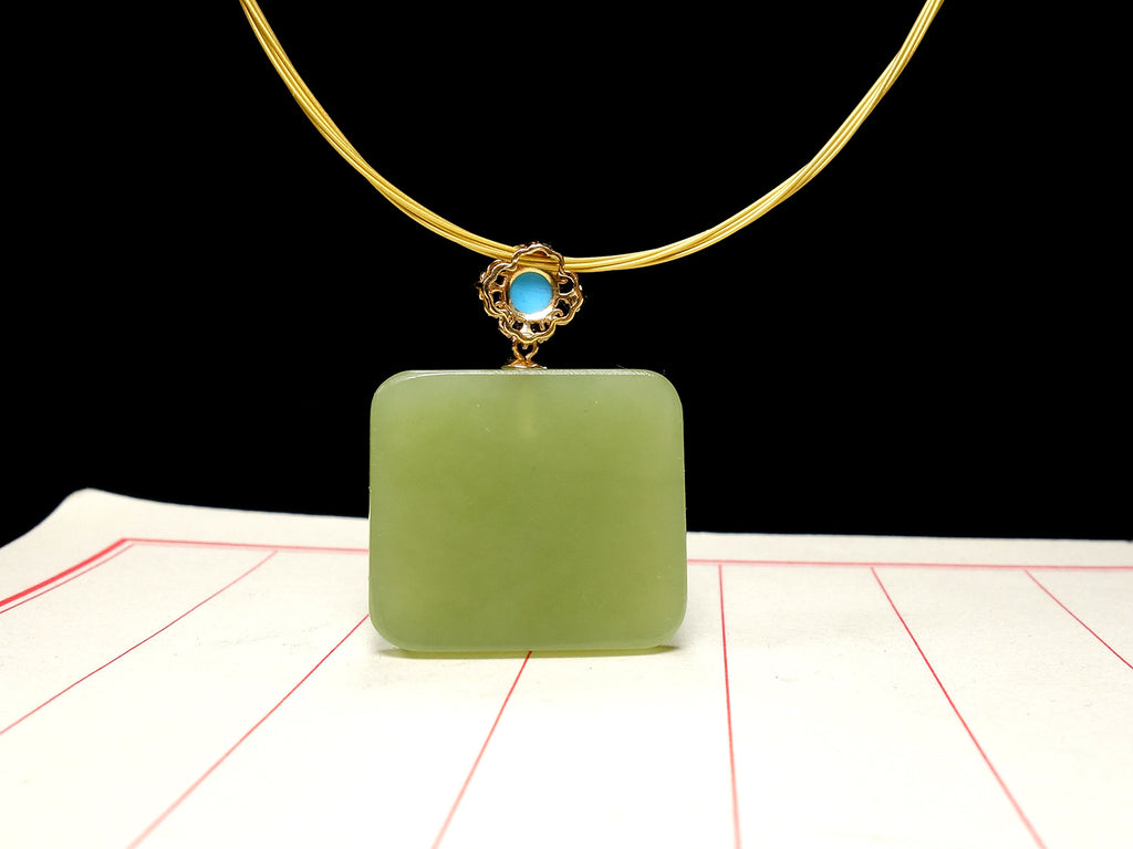 Green Jade Square Pendant Necklace with Blue Accent Bead