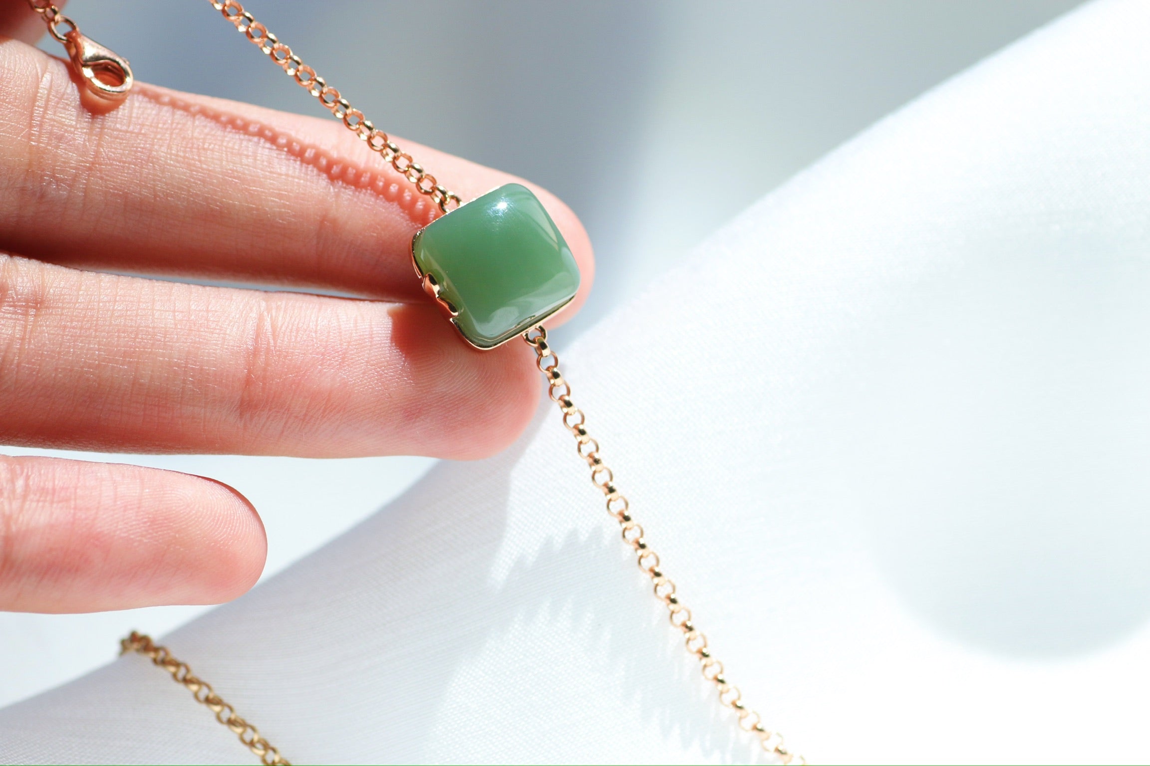 Green Jade Square Bracelet with Gold Chain