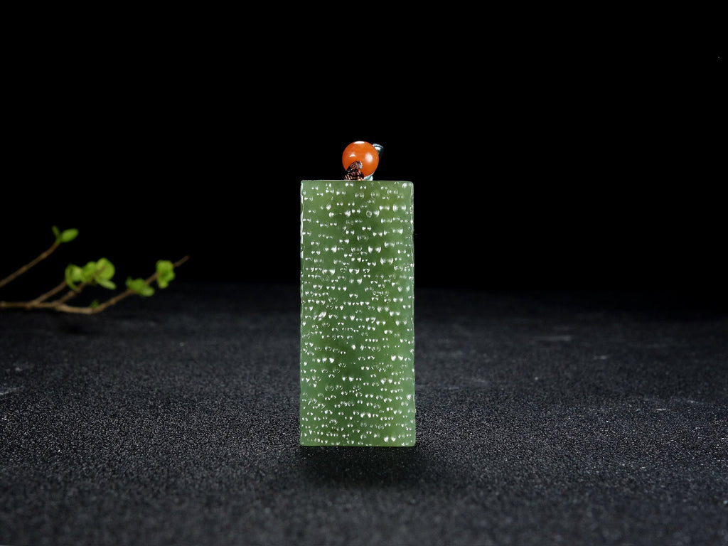 Textured Green Jade Rectangle Pendant with Carved Finish