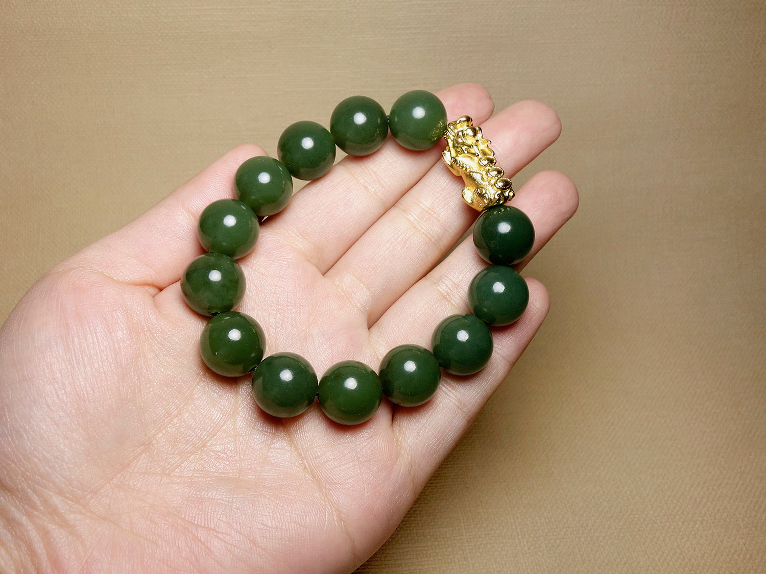 Green Jade Bead Bracelet with Gold Pixiu Charm