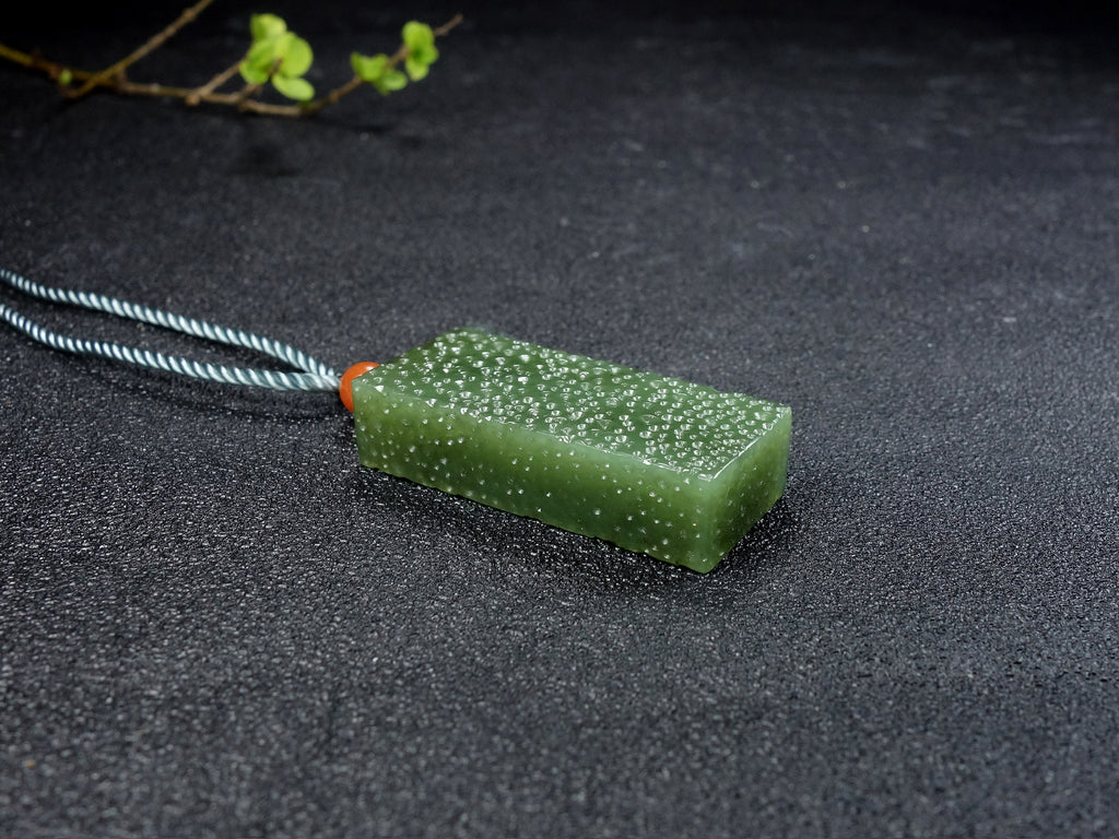 Textured Green Jade Rectangle Pendant with Carved Finish