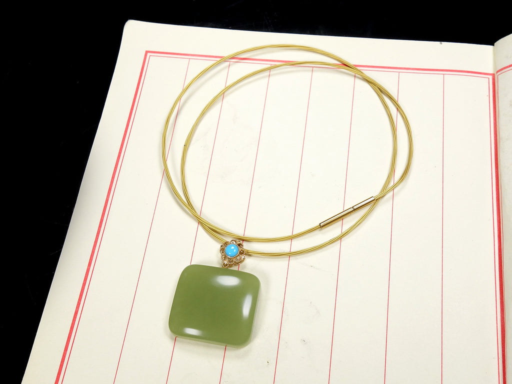 Green Jade Square Pendant Necklace with Blue Accent Bead