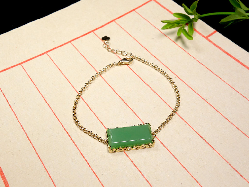 Green Jade Rectangle Bracelet with Gold-Tone Chain