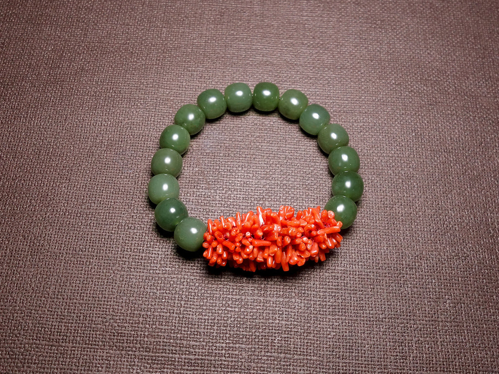 Green Jade Bead Bracelet with Red Coral Accent