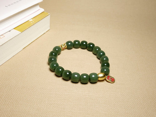 Green Jade Bead Bracelet with Golden & Turquoise Accents