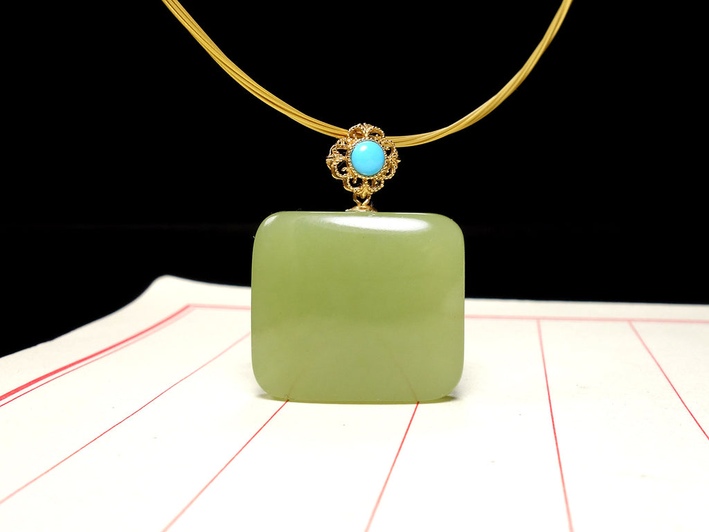 Green Jade Square Pendant Necklace with Blue Accent Bead