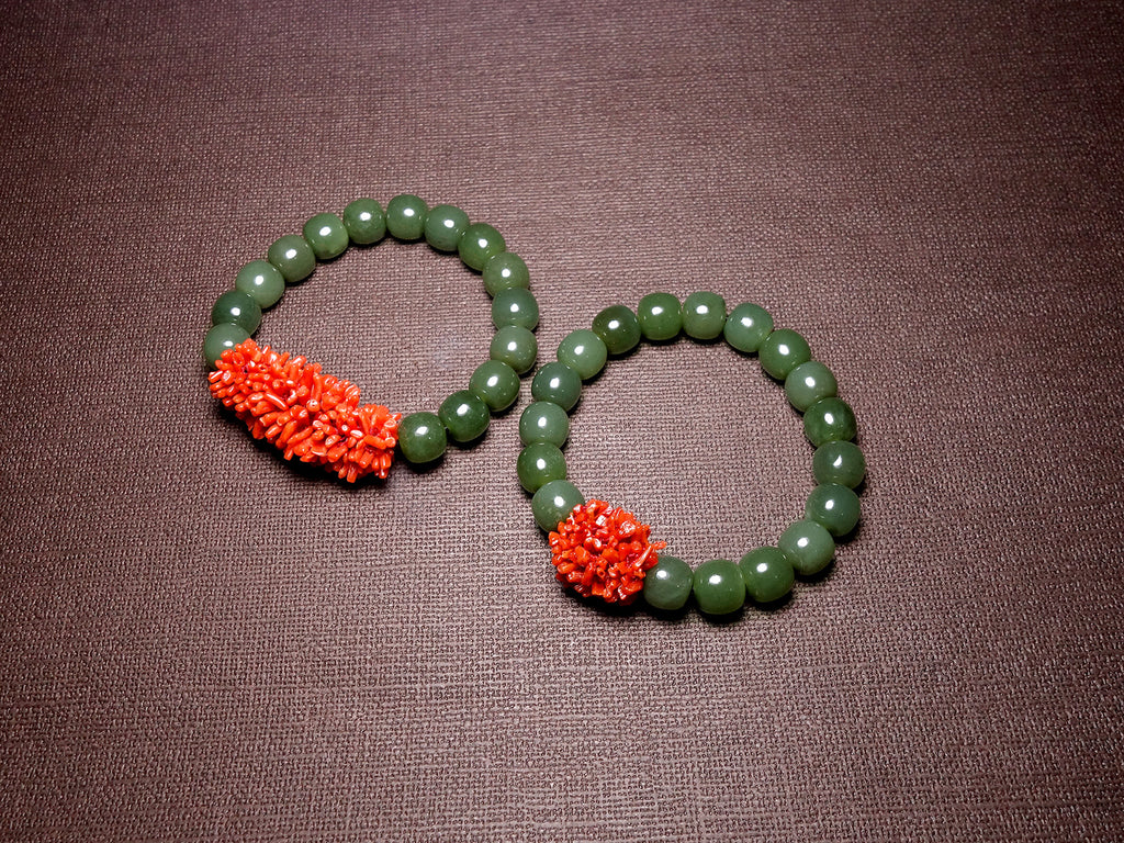 Green Jade Bead Bracelet with Red Coral Accent