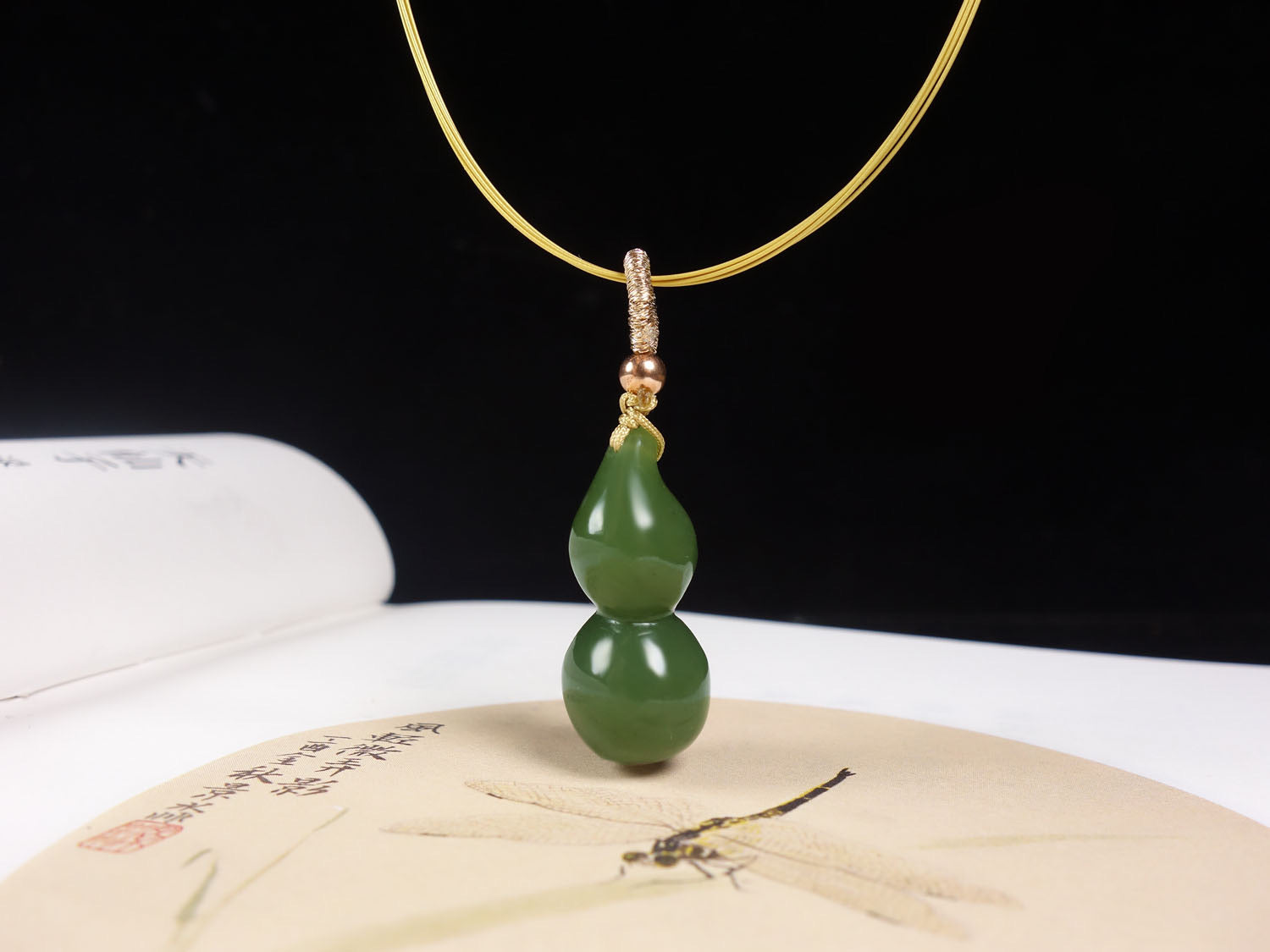 Green Jade Gourd Pendant with Gold Accents