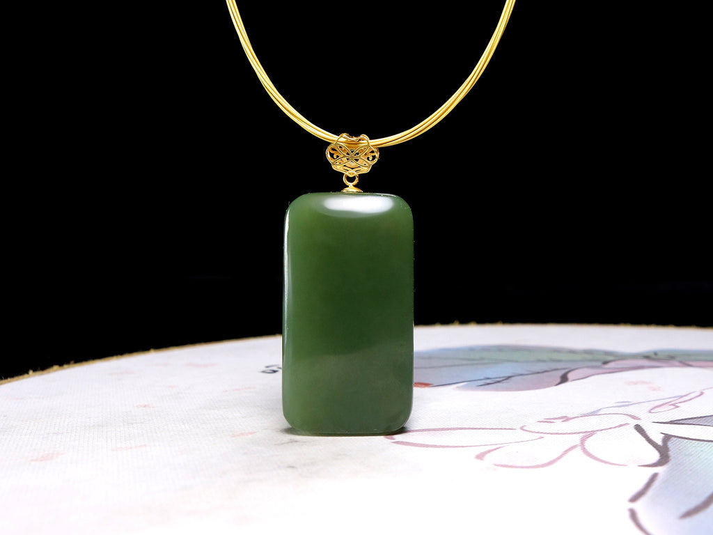 Smooth Green Jade Rectangle Pendant Necklace