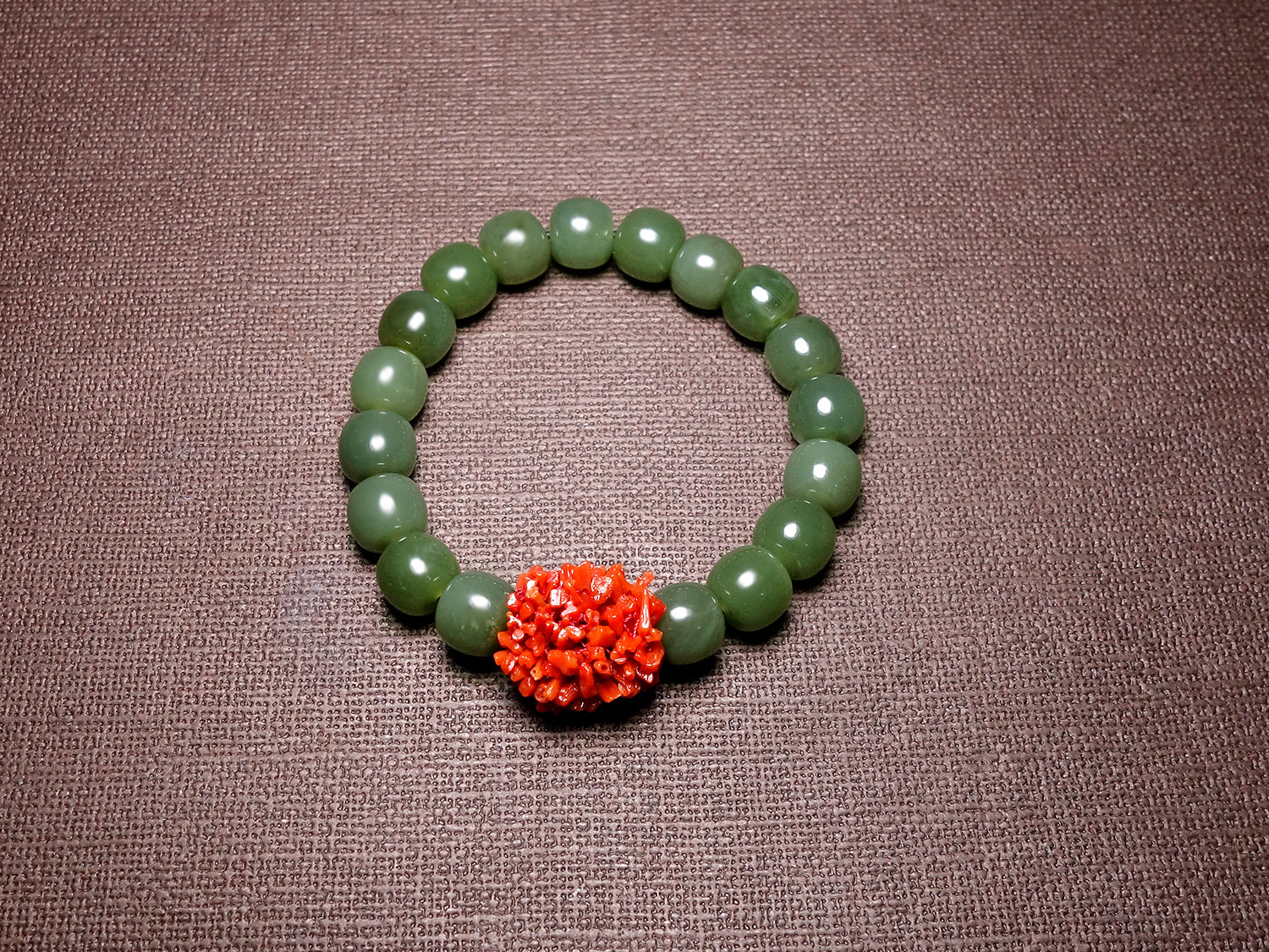 Green Jade Bead Bracelet with Red Coral Accent