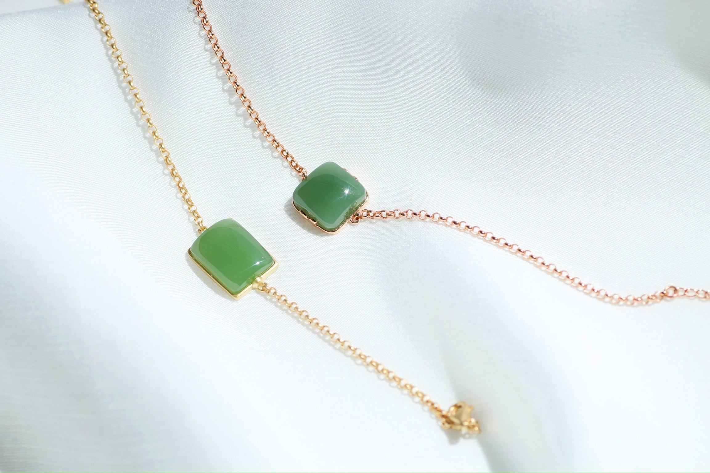 Green Jade Square Bracelet with Gold Chain