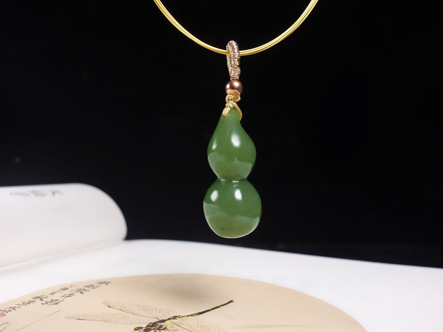 Green Jade Gourd Pendant with Gold Accents