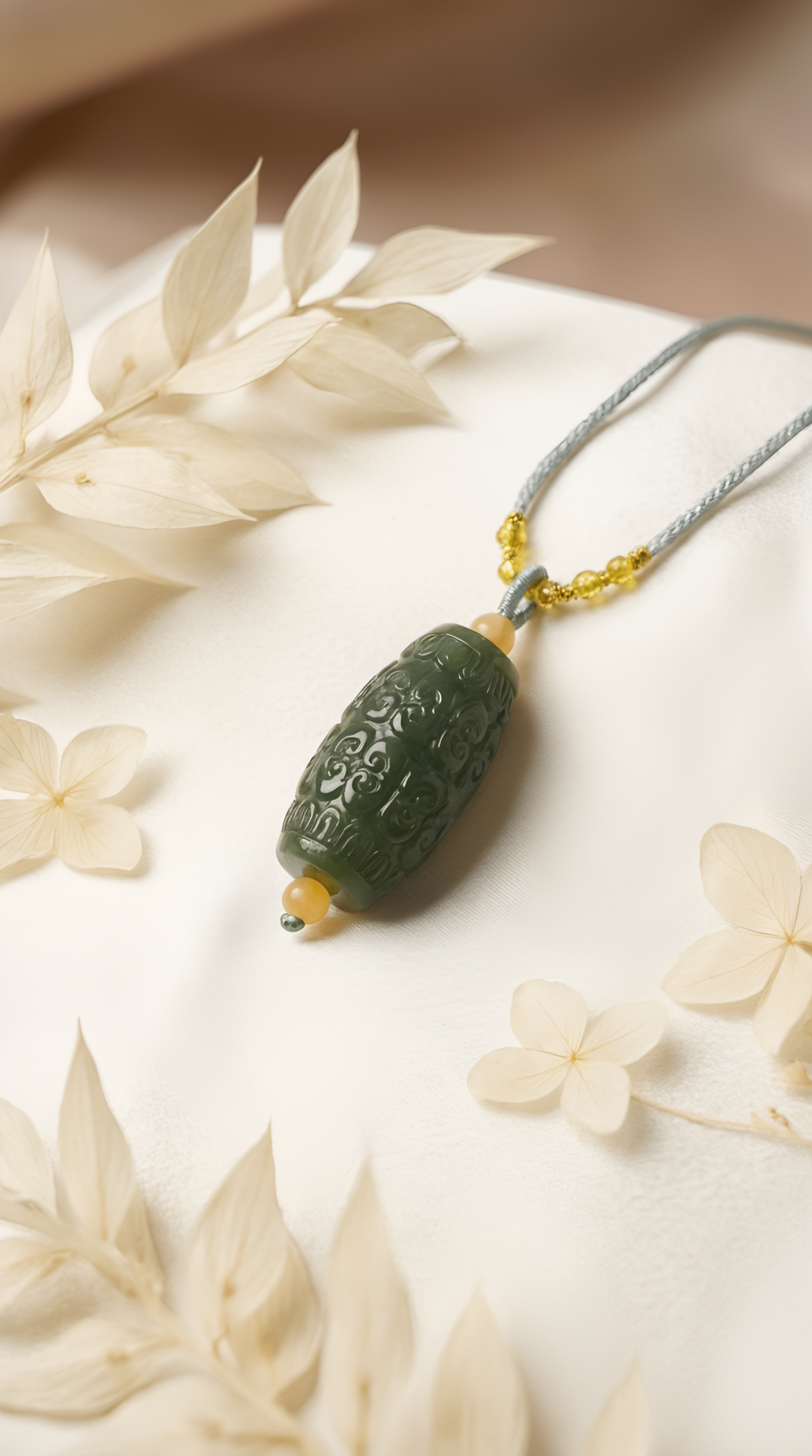 Carved jade barrel pendant necklace lifestyle shot on ceramic plate