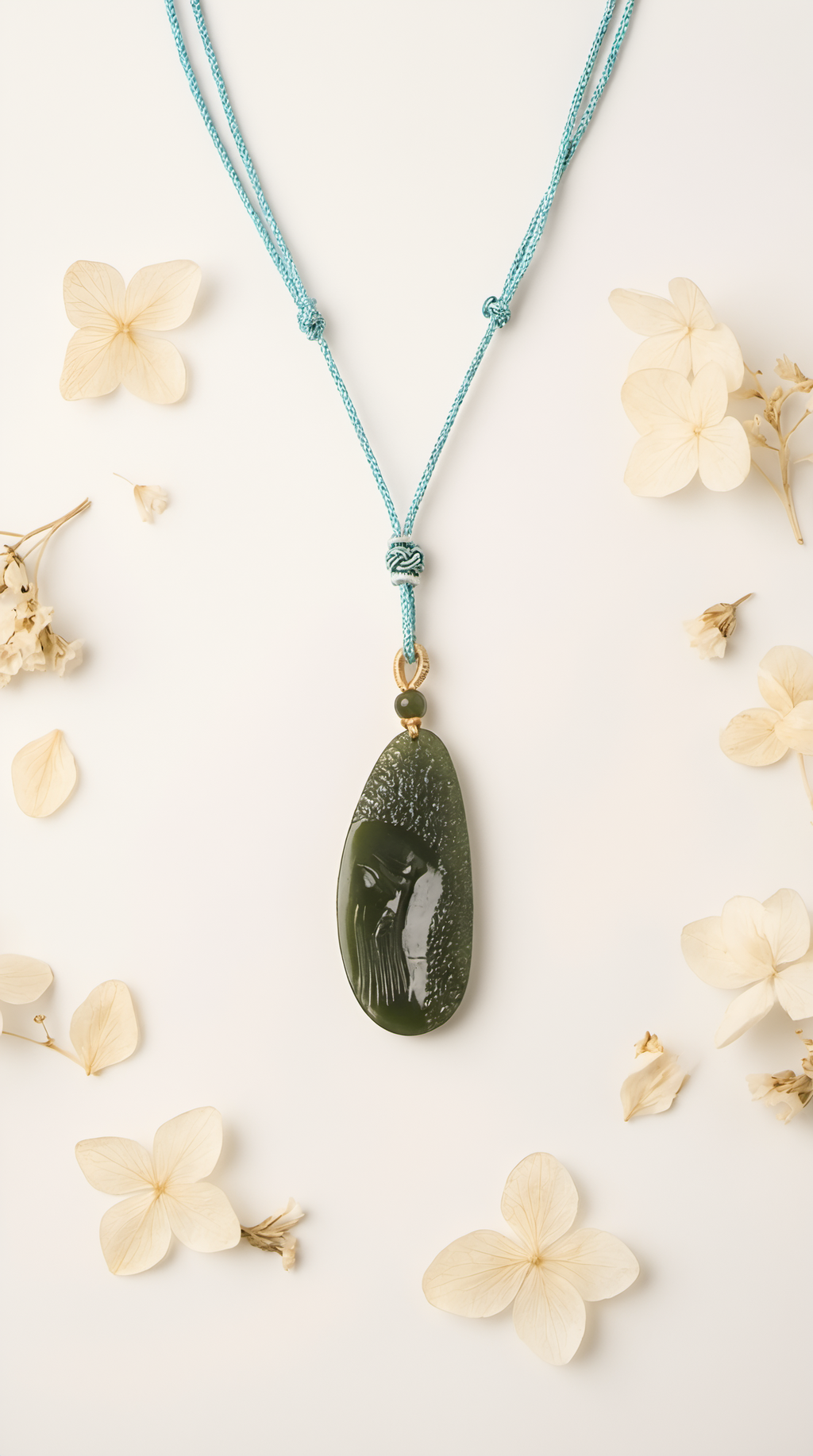 Hand-carved jade figure pendant necklace showing intricate figurine carving
