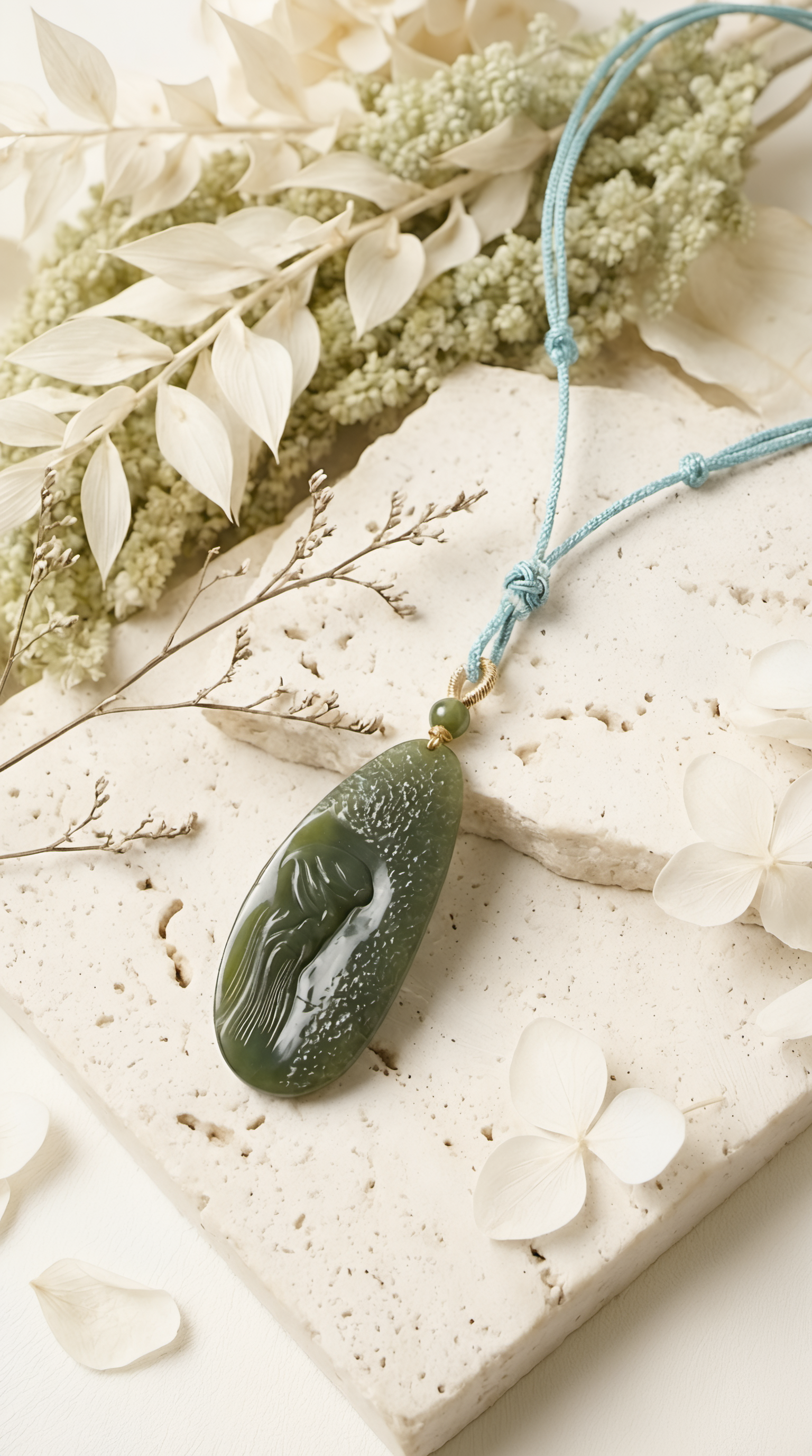 Jade figure pendant necklace product shot on plate