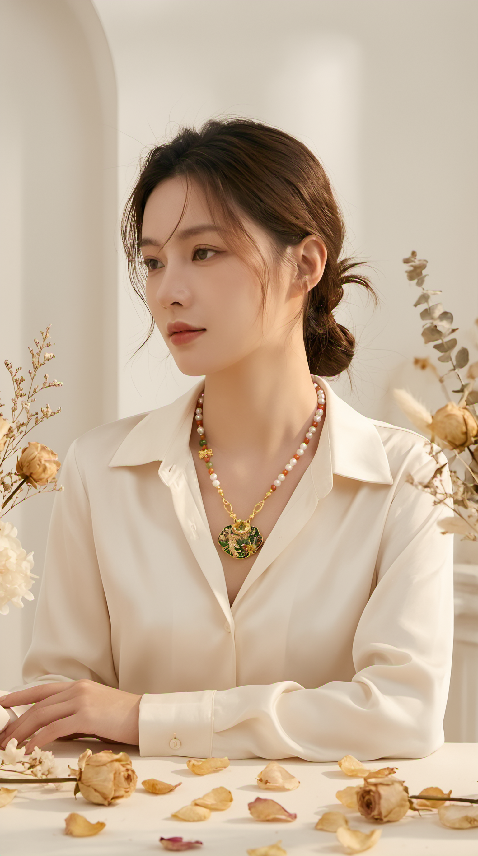 Model wearing cloisonne enamel pendant necklace showing how it sits