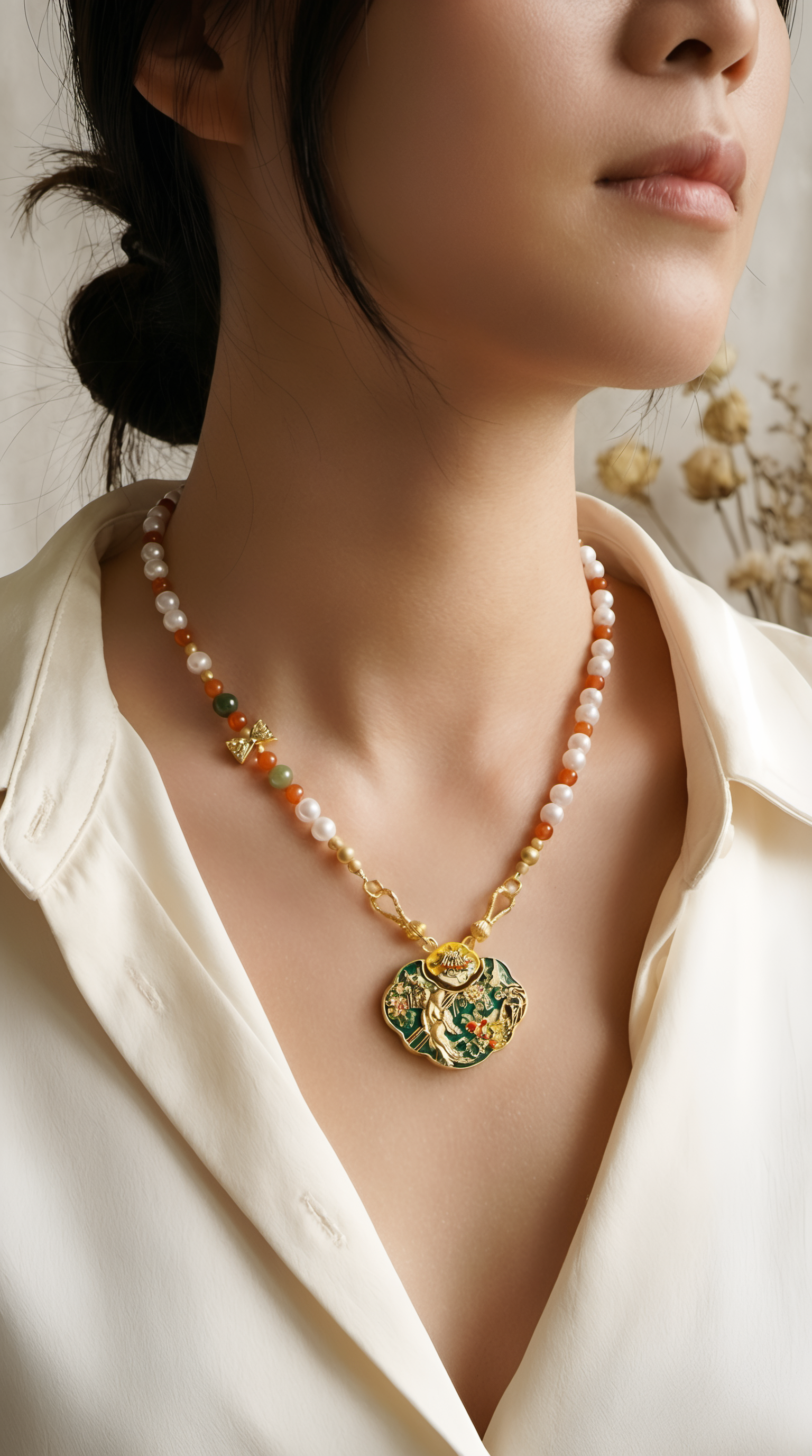 Woman wearing cloisonne pendant necklace with white top