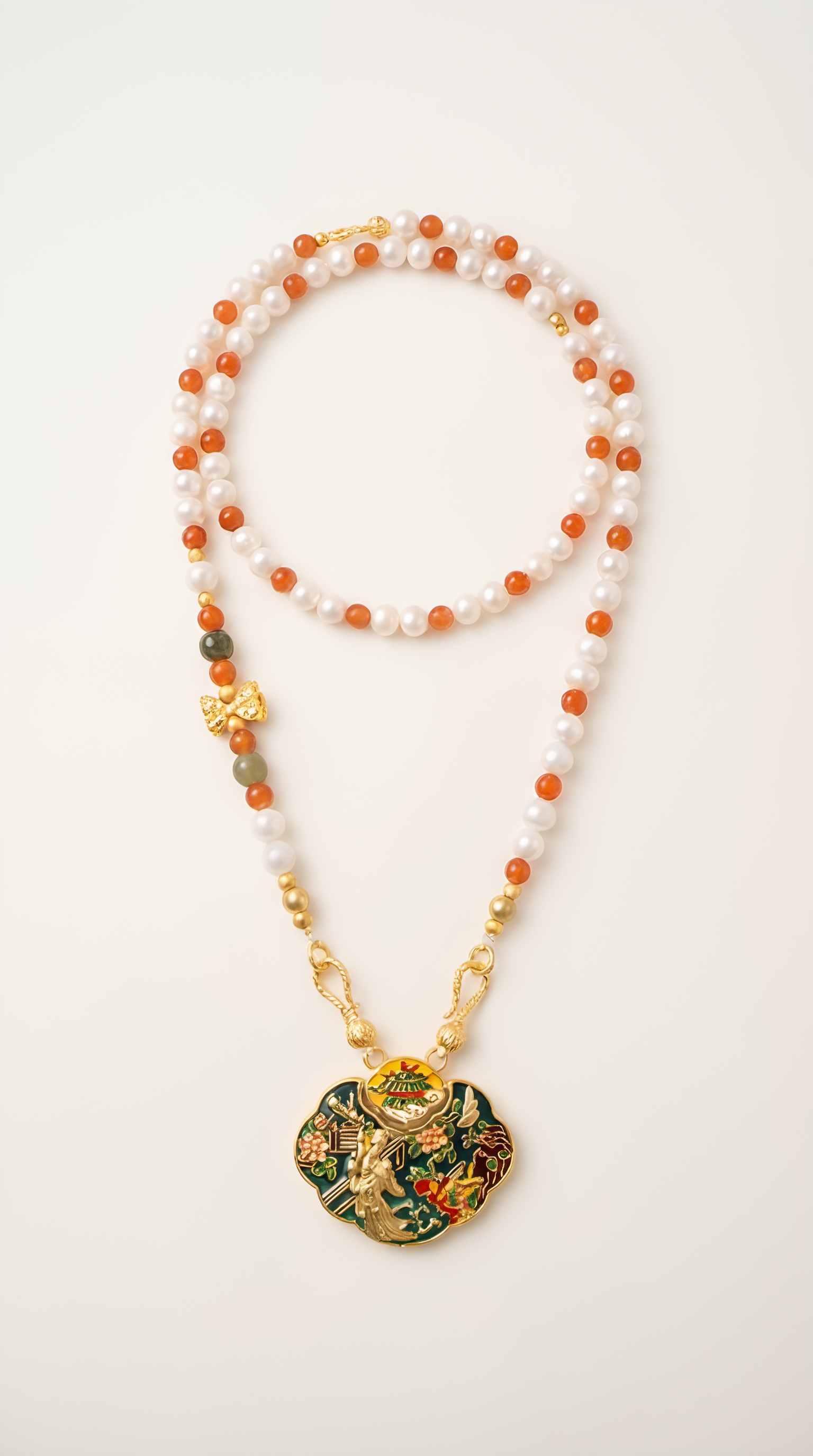 Cloisonne enamel pendant necklace with intricate floral design on gold chain
