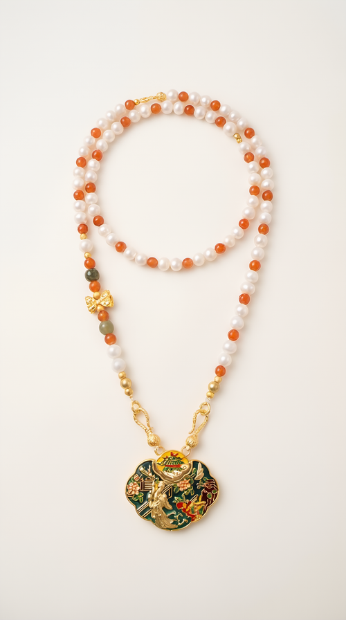 Cloisonne enamel pendant necklace with intricate floral design on gold chain