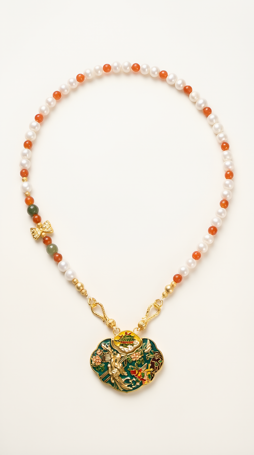 Traditional Chinese cloisonne pendant necklace detail shot