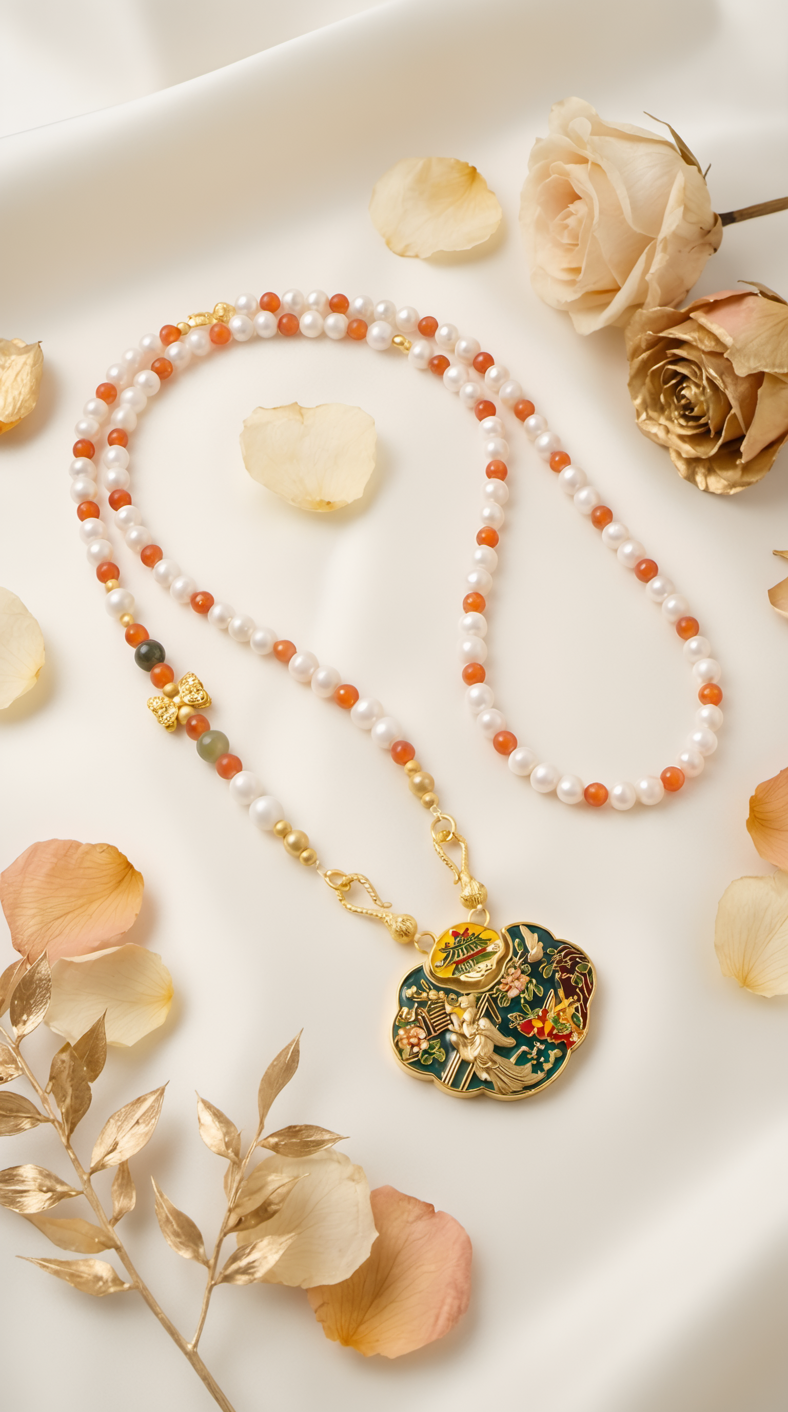 Cloisonne enamel pendant necklace lifestyle photo on ceramic dish