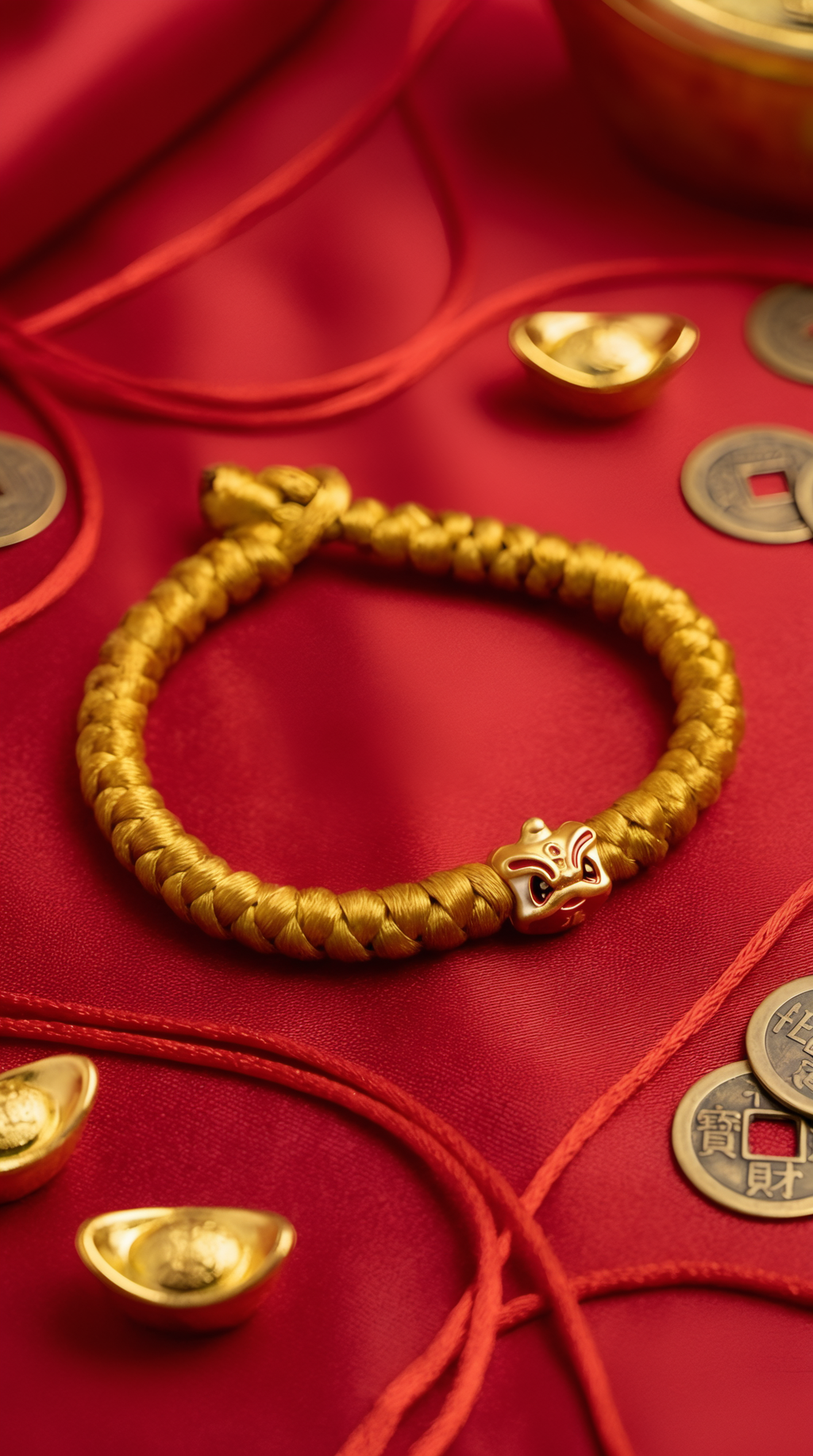 Gold string bracelet with lion head charm close-up