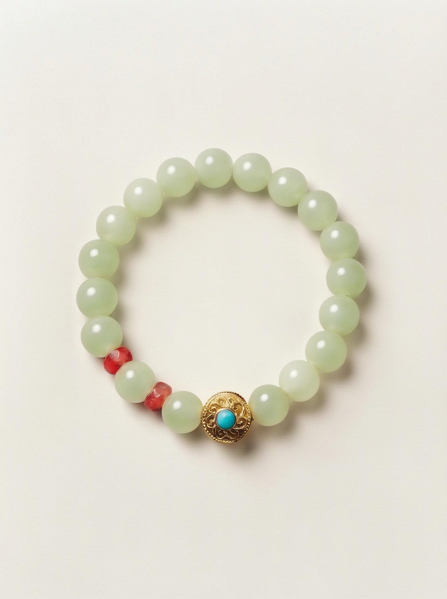 Pulsera de Jade Verde con Filigrana Dorada y Turquesa