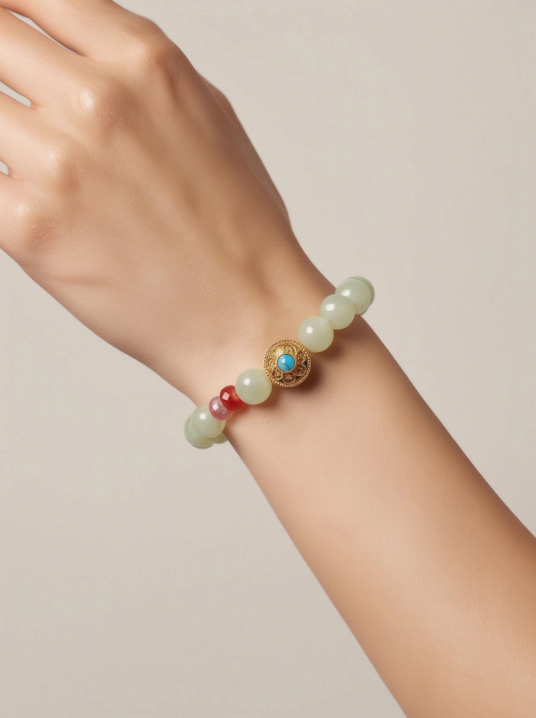 Pulsera de Jade Verde con Filigrana Dorada y Turquesa