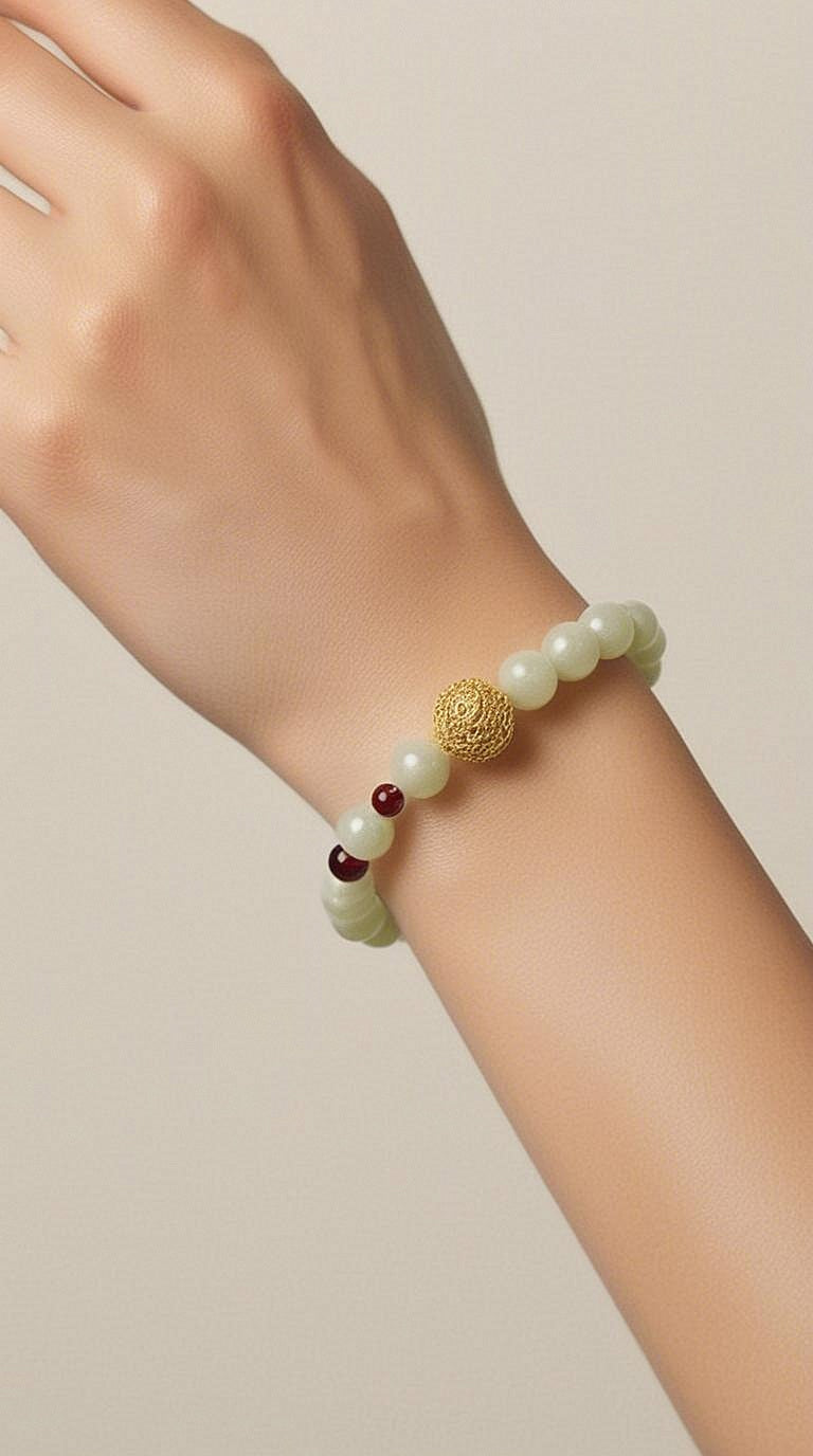 Pulsera de Jade Verde con Filigrana Dorada y Granate