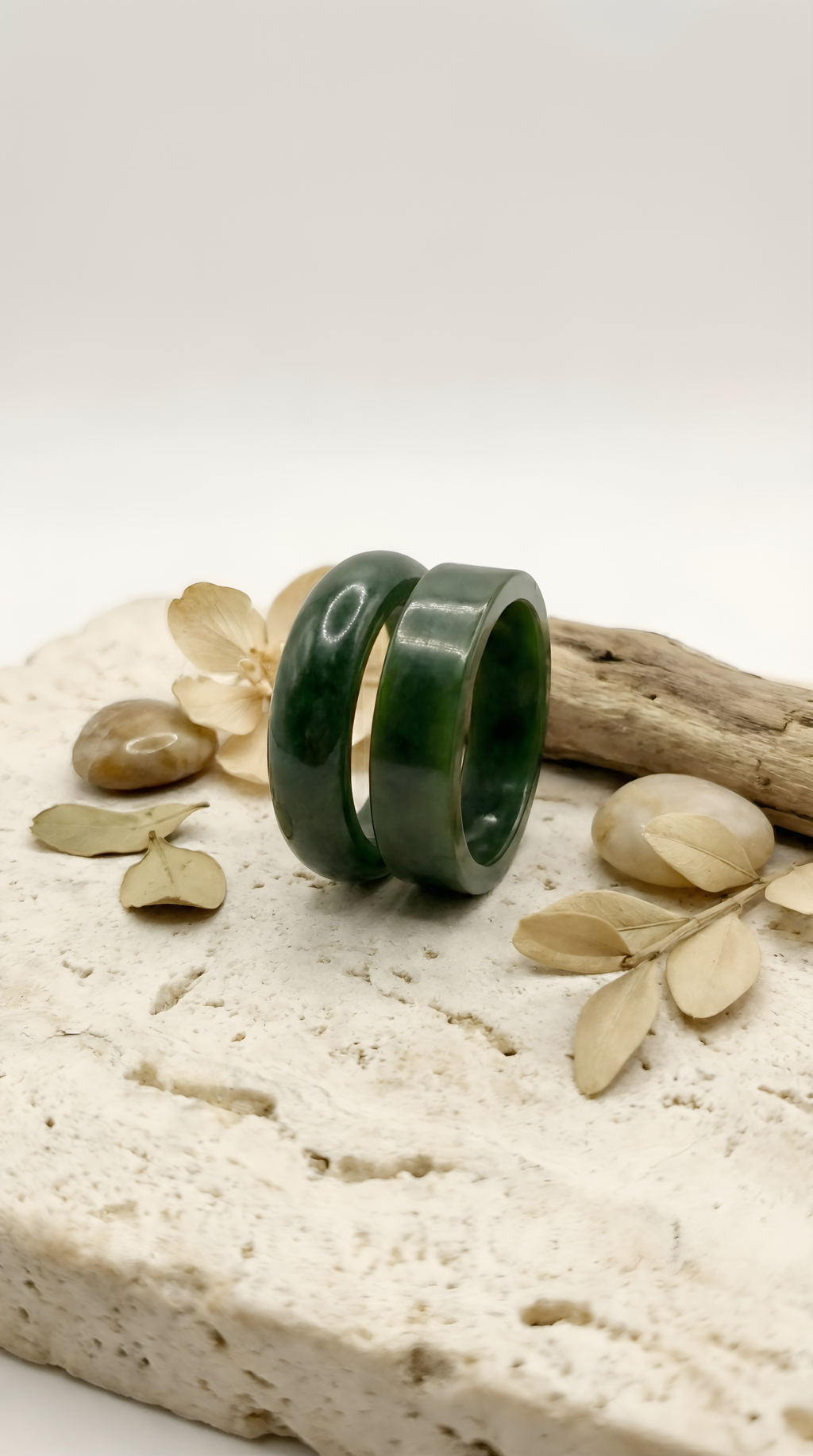 Nephrite jade ring set close-up on display