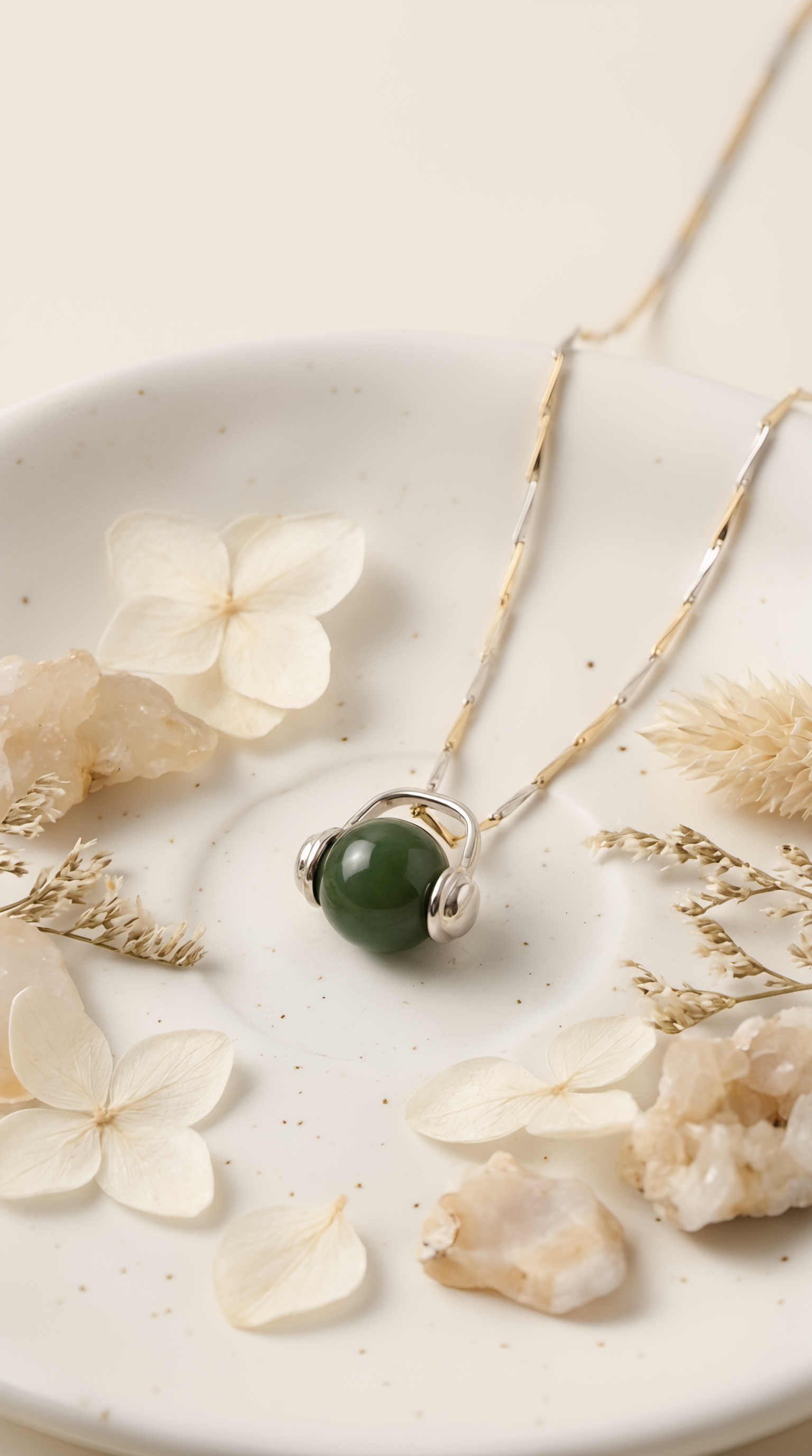 Round nephrite jade bead pendant on silver necklace chain