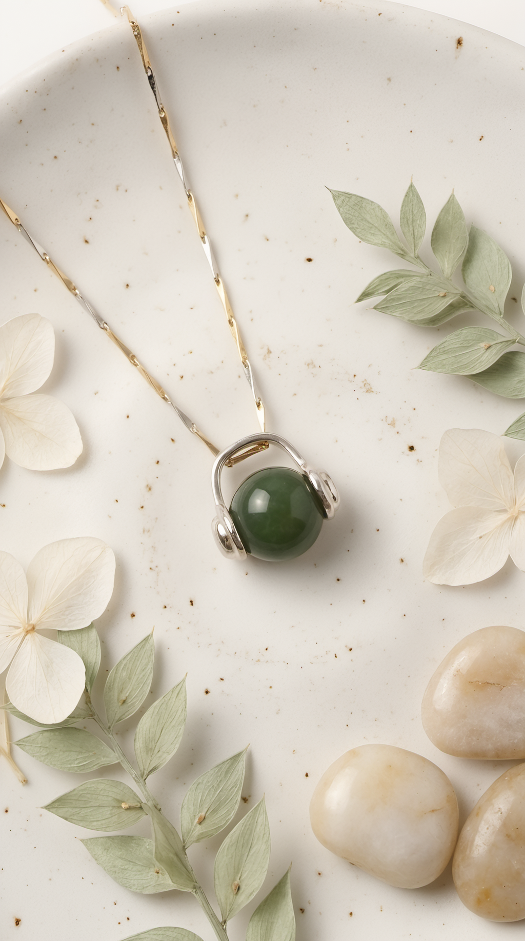 Jade ball pendant necklace product photo on fabric background