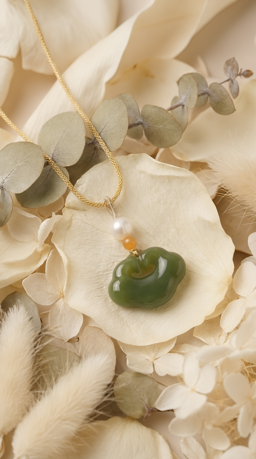 Traditional jade ruyi lock pendant on gold-plated chain