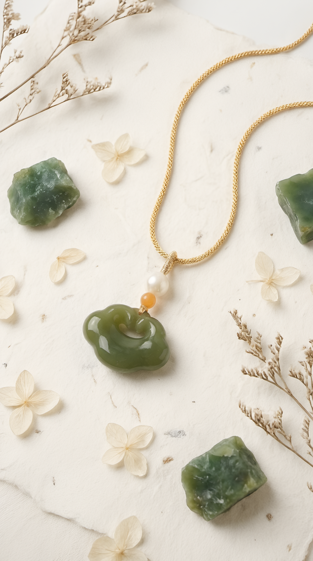 Jade ruyi lock pendant necklace product shot on plate