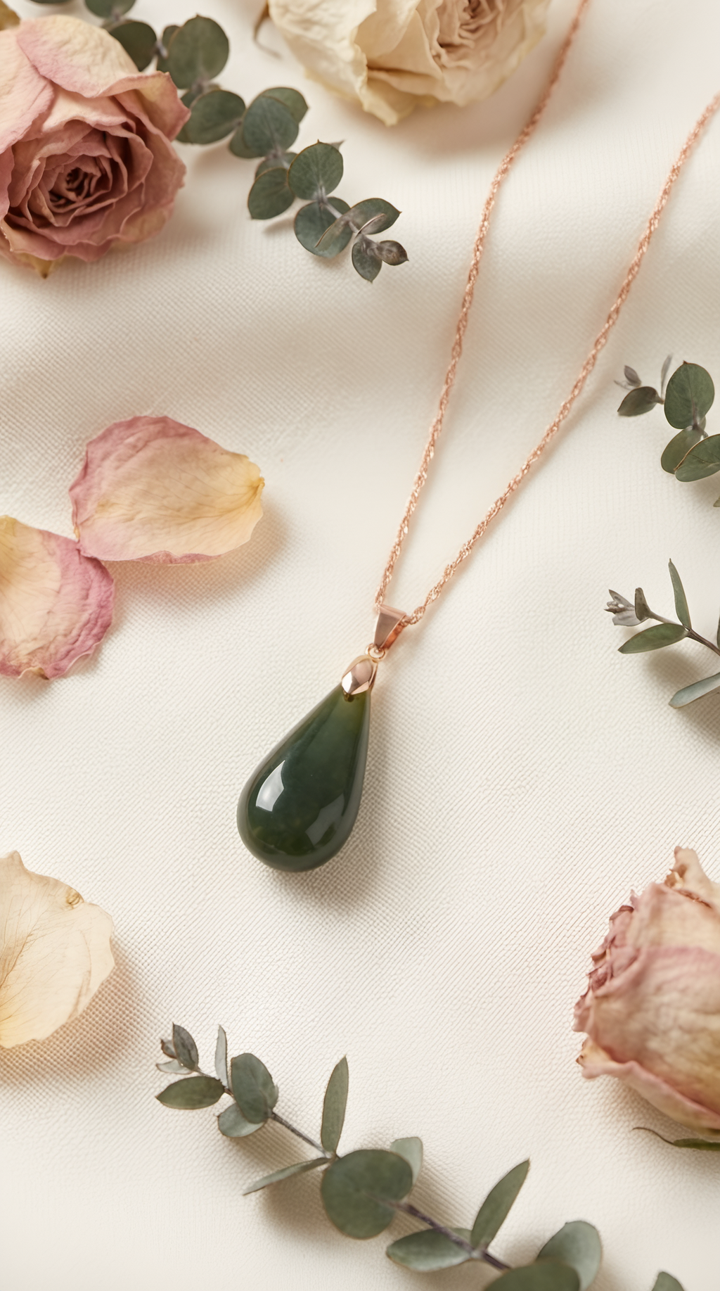 Jade teardrop pendant necklace close-up with gold bail detail