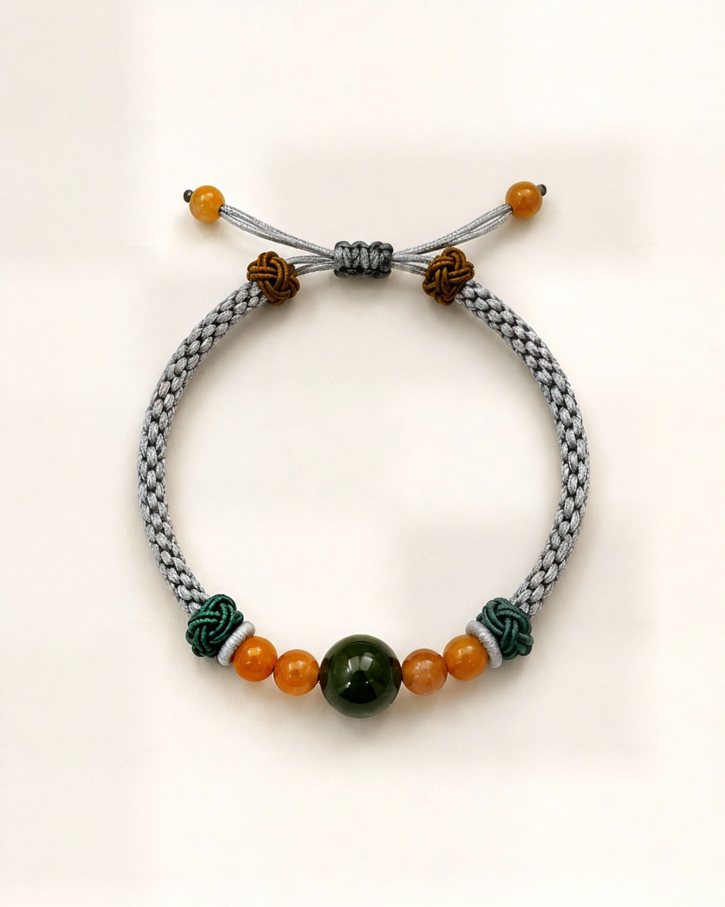 Otoño pairs a grey hand-braided silk cord with a dark green nephrite jade centre bead and smaller honey-orange agate beads.