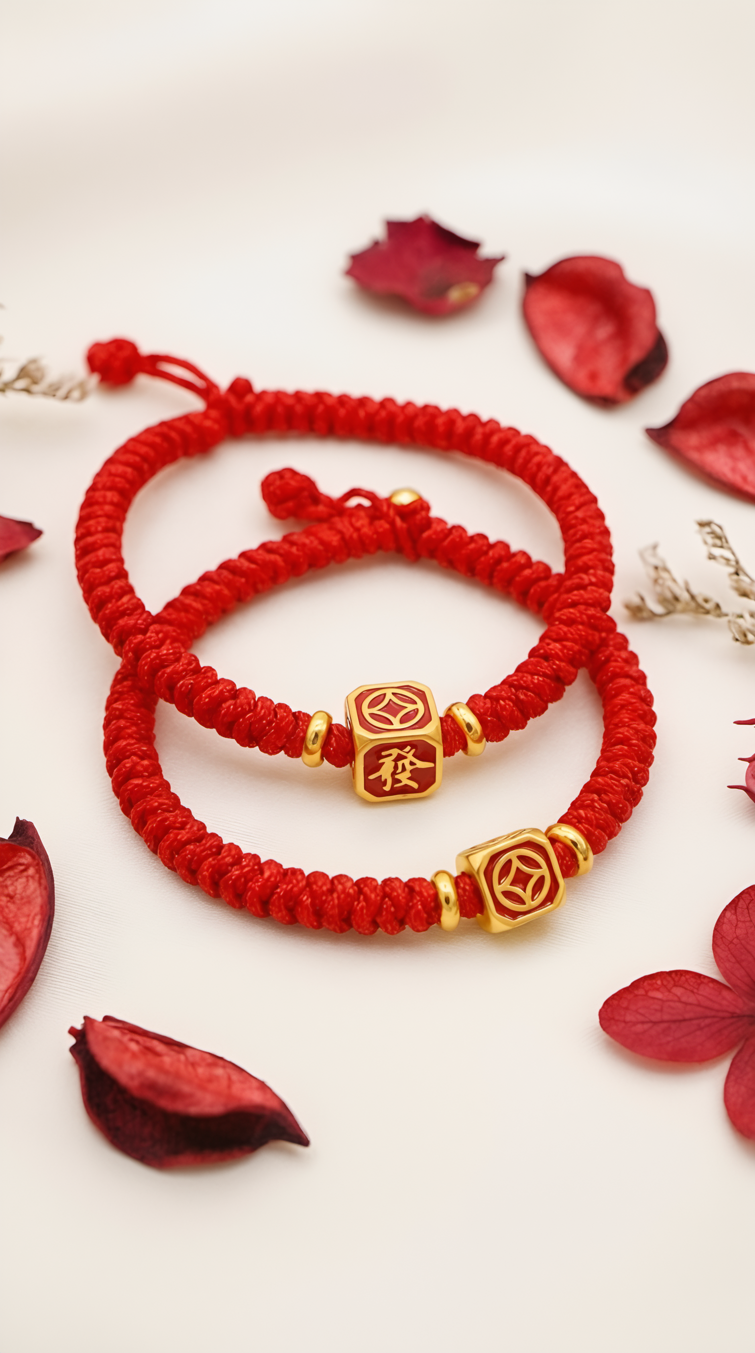 Red string bracelet with gold fortune cube charm
