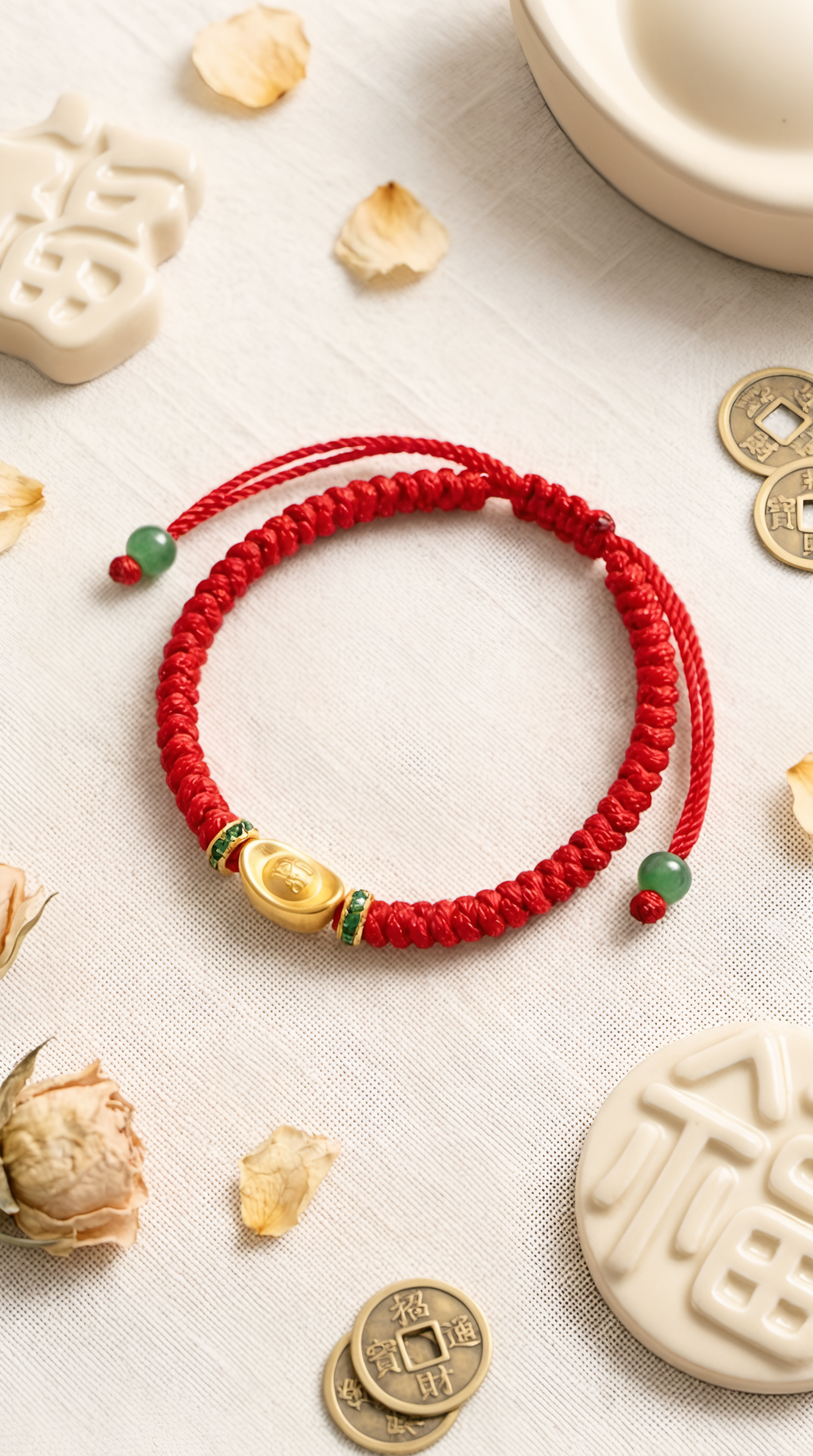 Red string bracelet with gold ingot charm for wealth and prosperity