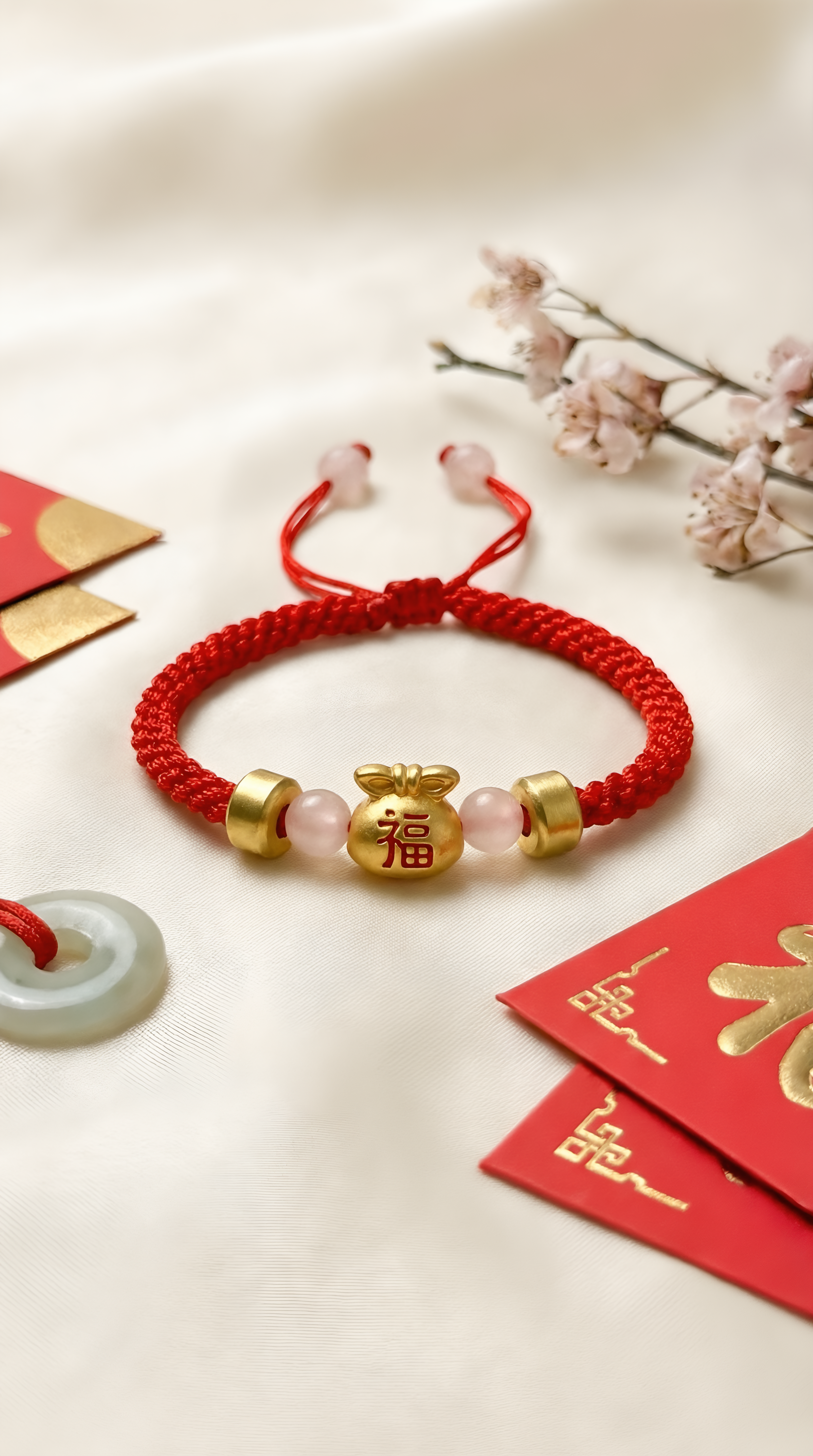 Lucky bag charm detail on red string bracelet
