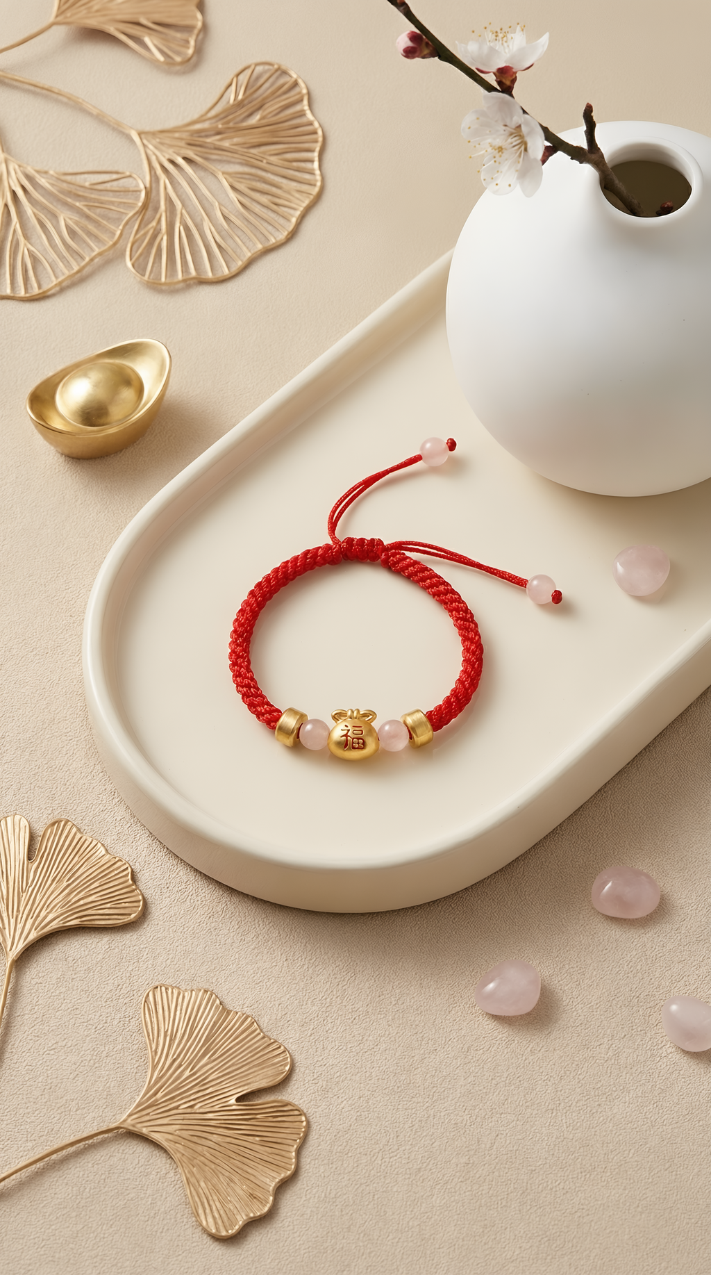 Red string lucky bag bracelet close-up