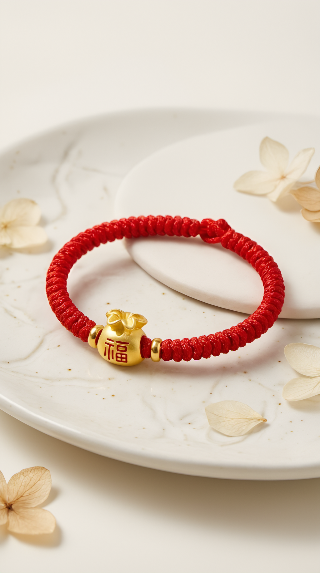 Gold-plated lucky bag on braided red string