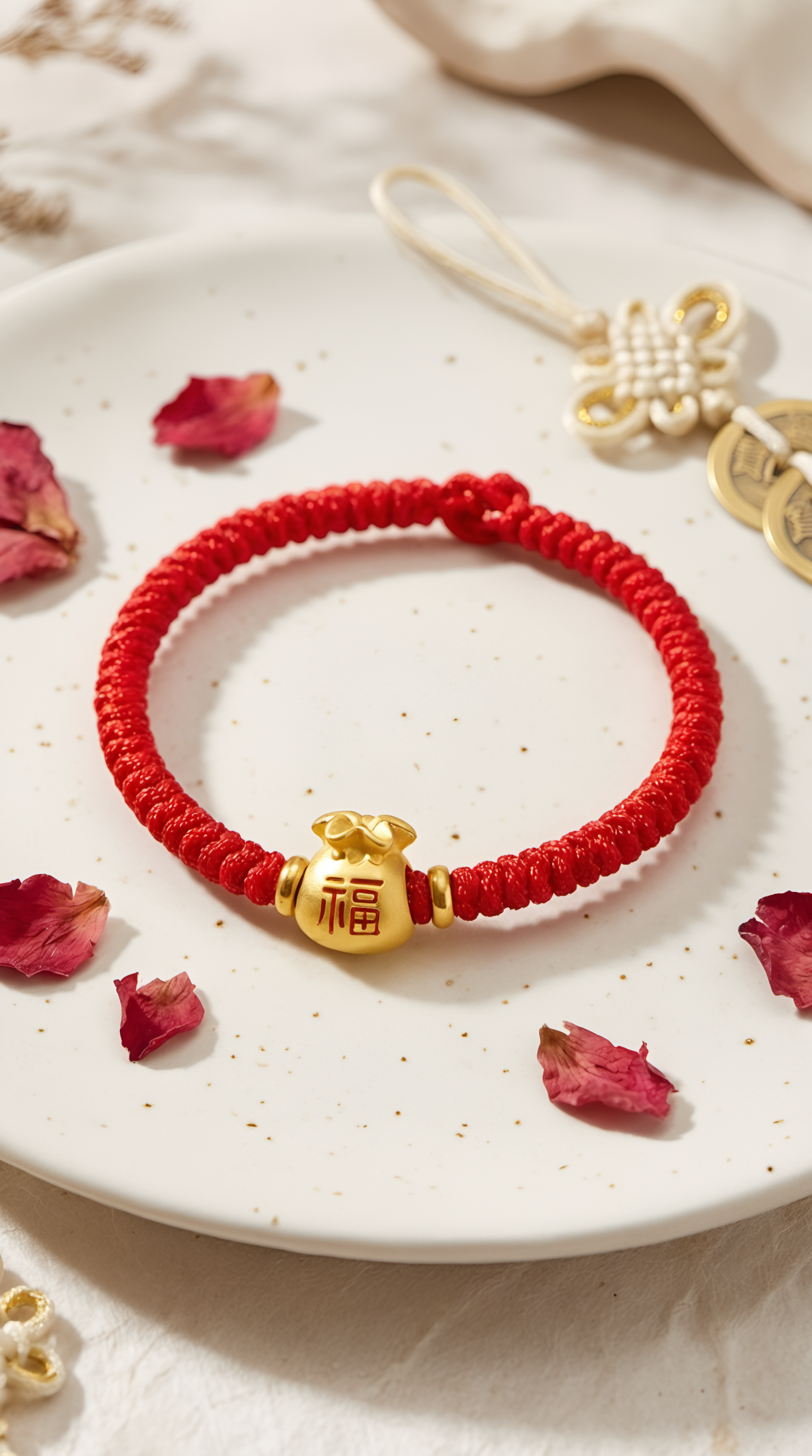 Red string lucky bag bracelet on wrist
