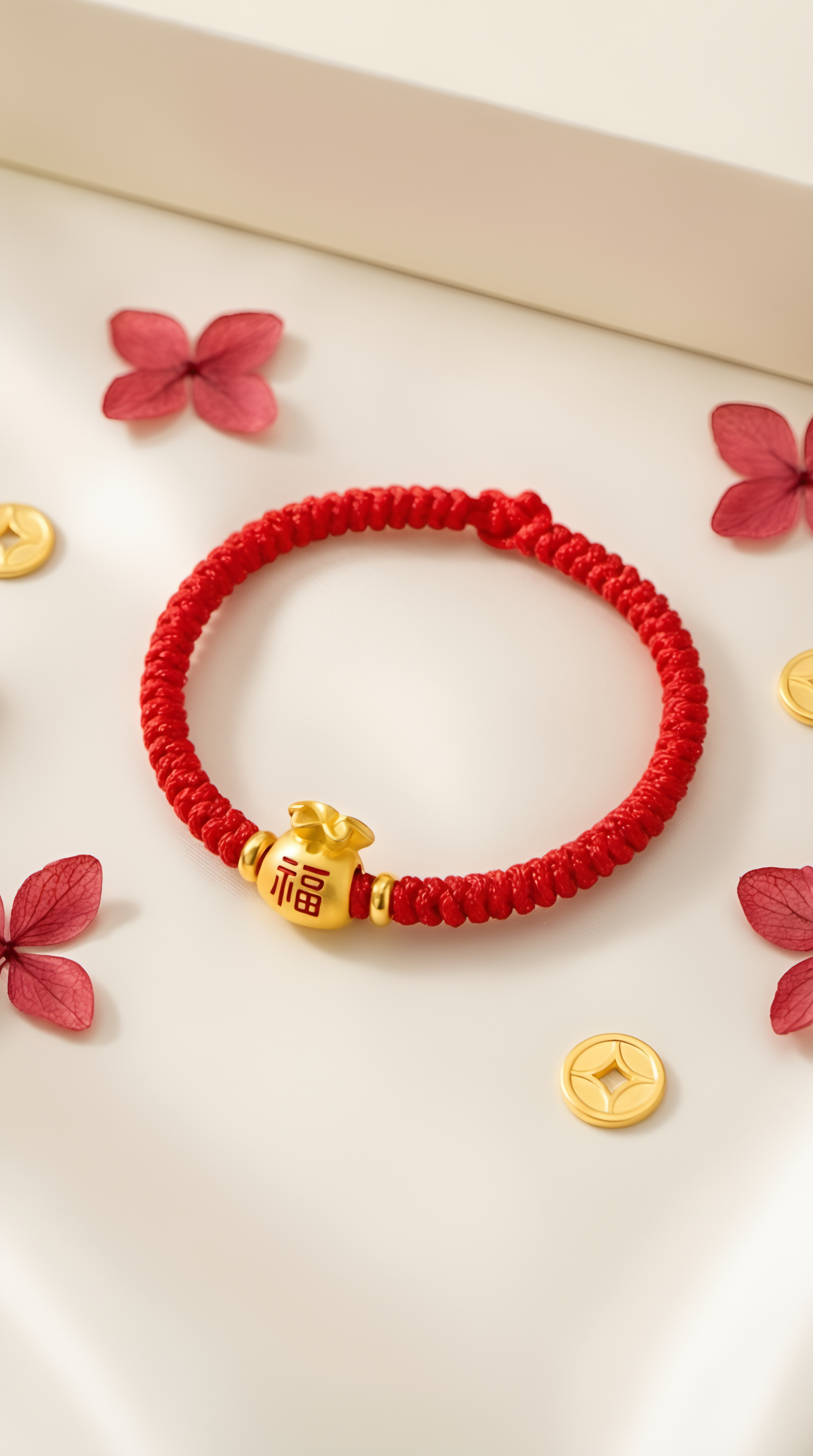 Handmade red string lucky bag bracelet by Wendy Jewellery