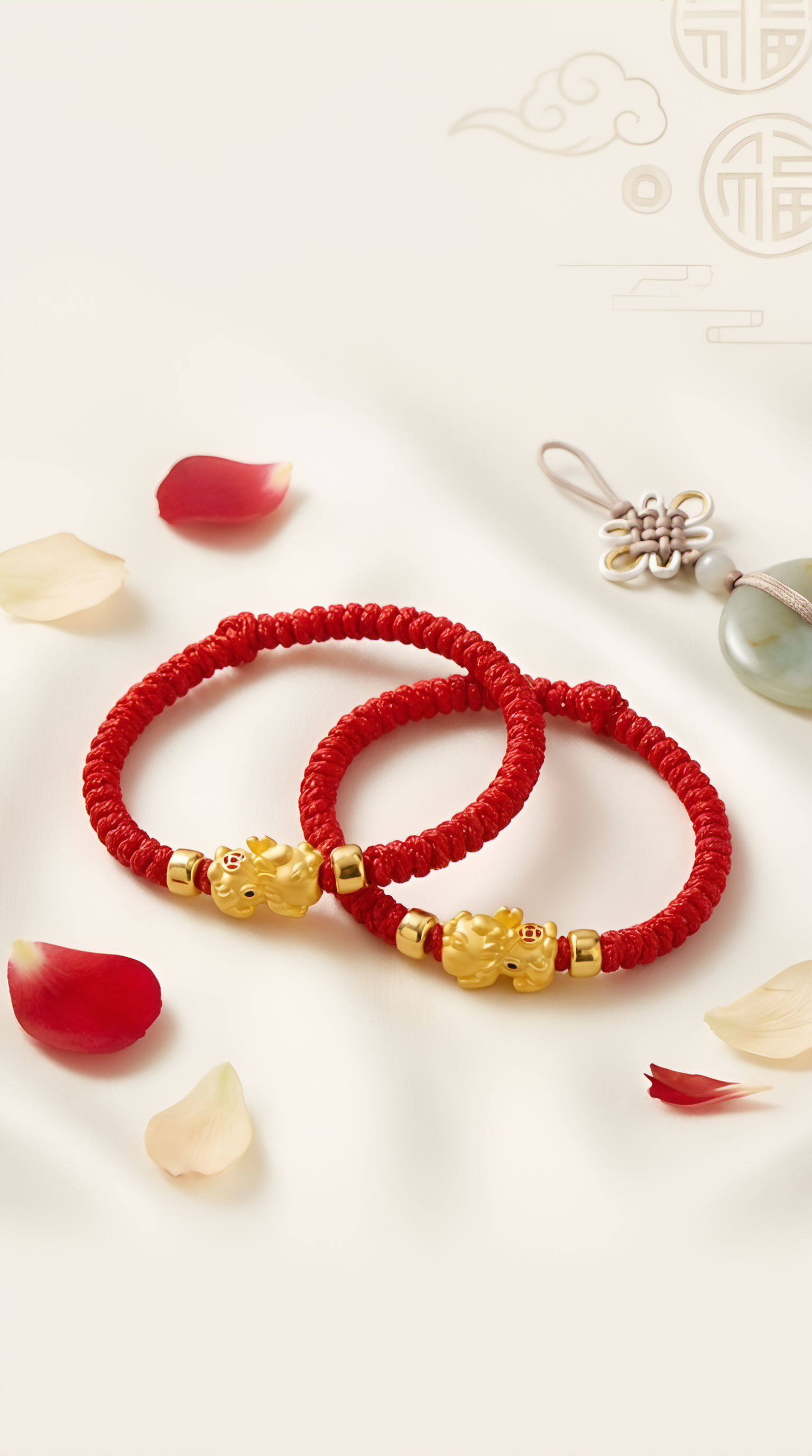 Pixiu charm detail on red string lucky bracelet