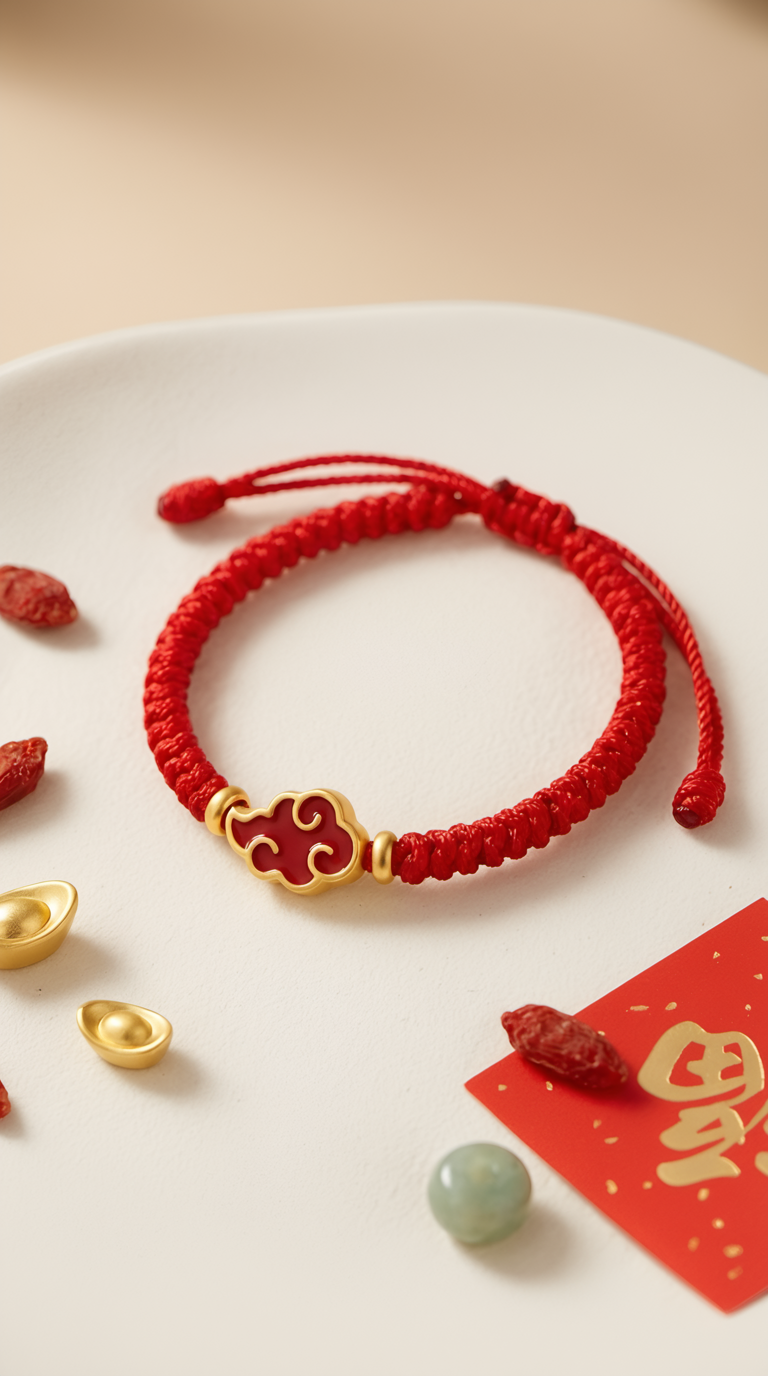 Red string bracelet with gold ruyi cloud charm