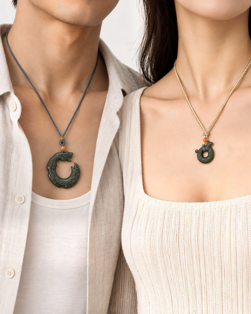 Guardián nephrite jade pendant and Aurora necklace worn together by two models; each design is sold separately or as the Armonía set.