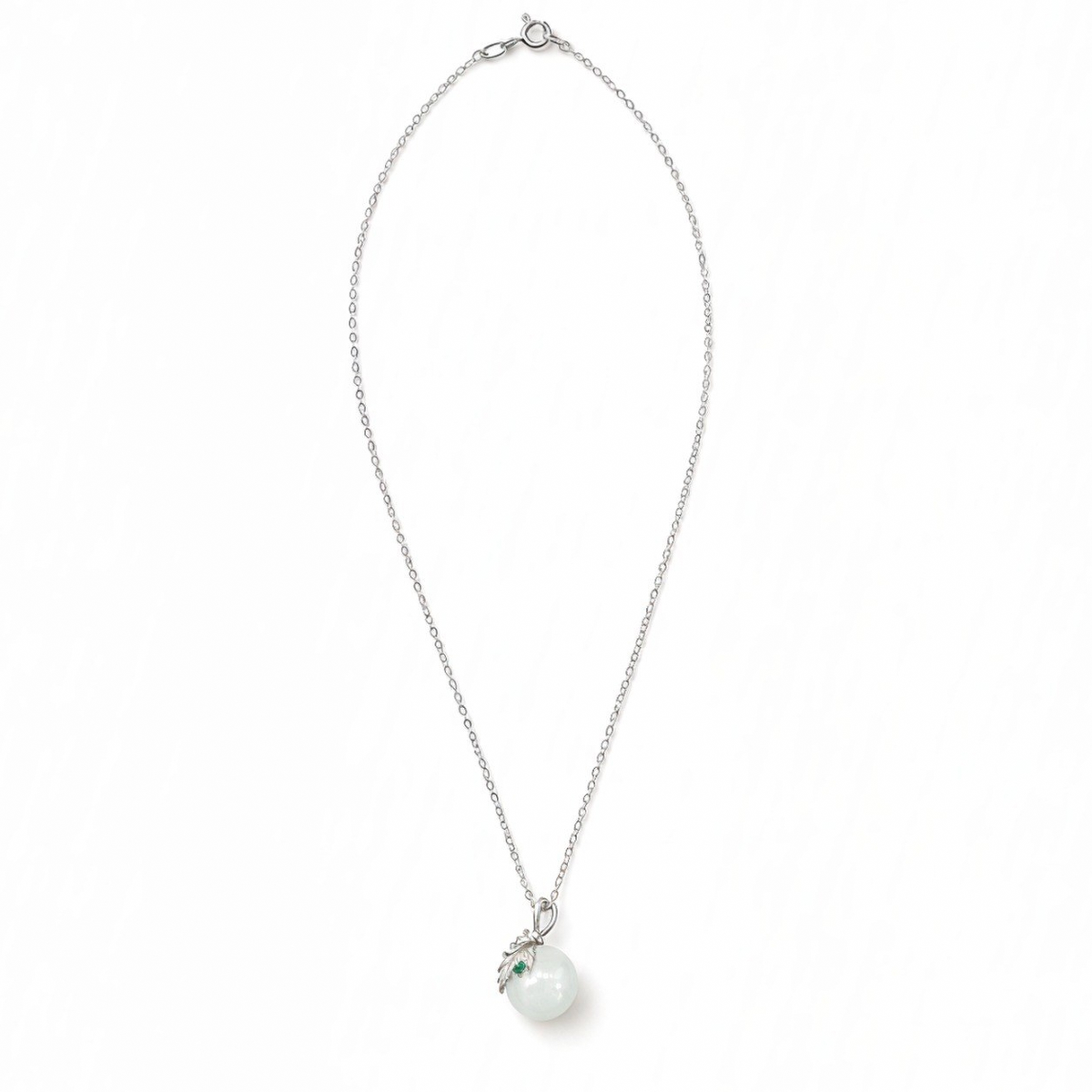 Full Flora necklace with a white nephrite jade sphere, sterling silver and green cubic zirconia.