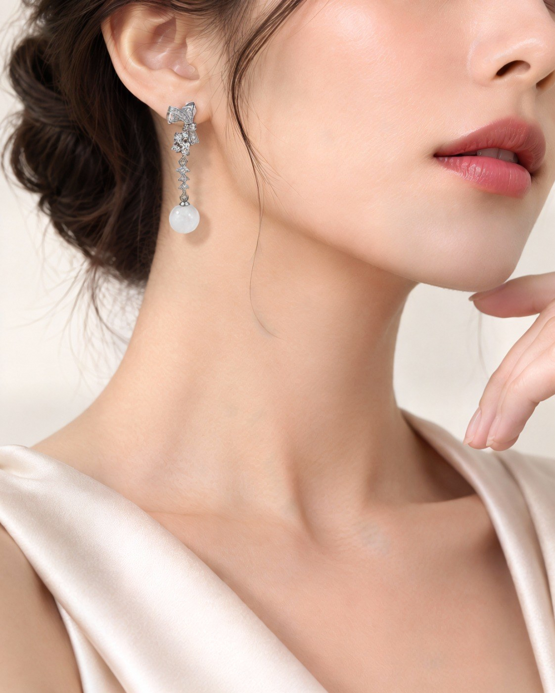 Close-up of the Gala white nephrite jade bow earrings worn by a model.