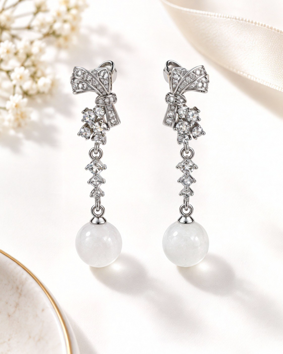 Gala white nephrite jade bow earrings styled on a bridal-inspired background.